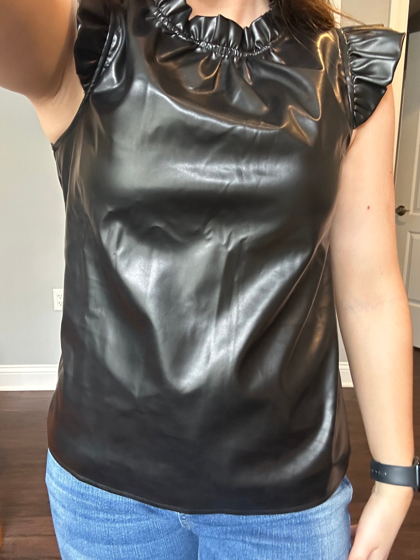 Black PU Leather Frilly Ruffle Trim Blouse