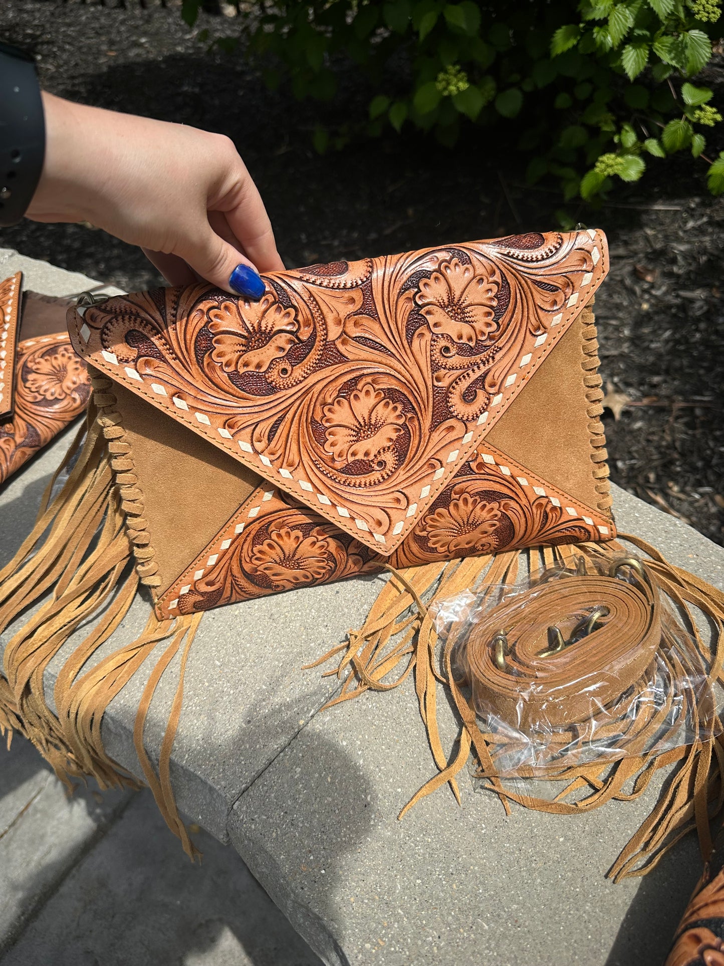 Hand Tooled Suede Leather Fringe Crossbody Bag