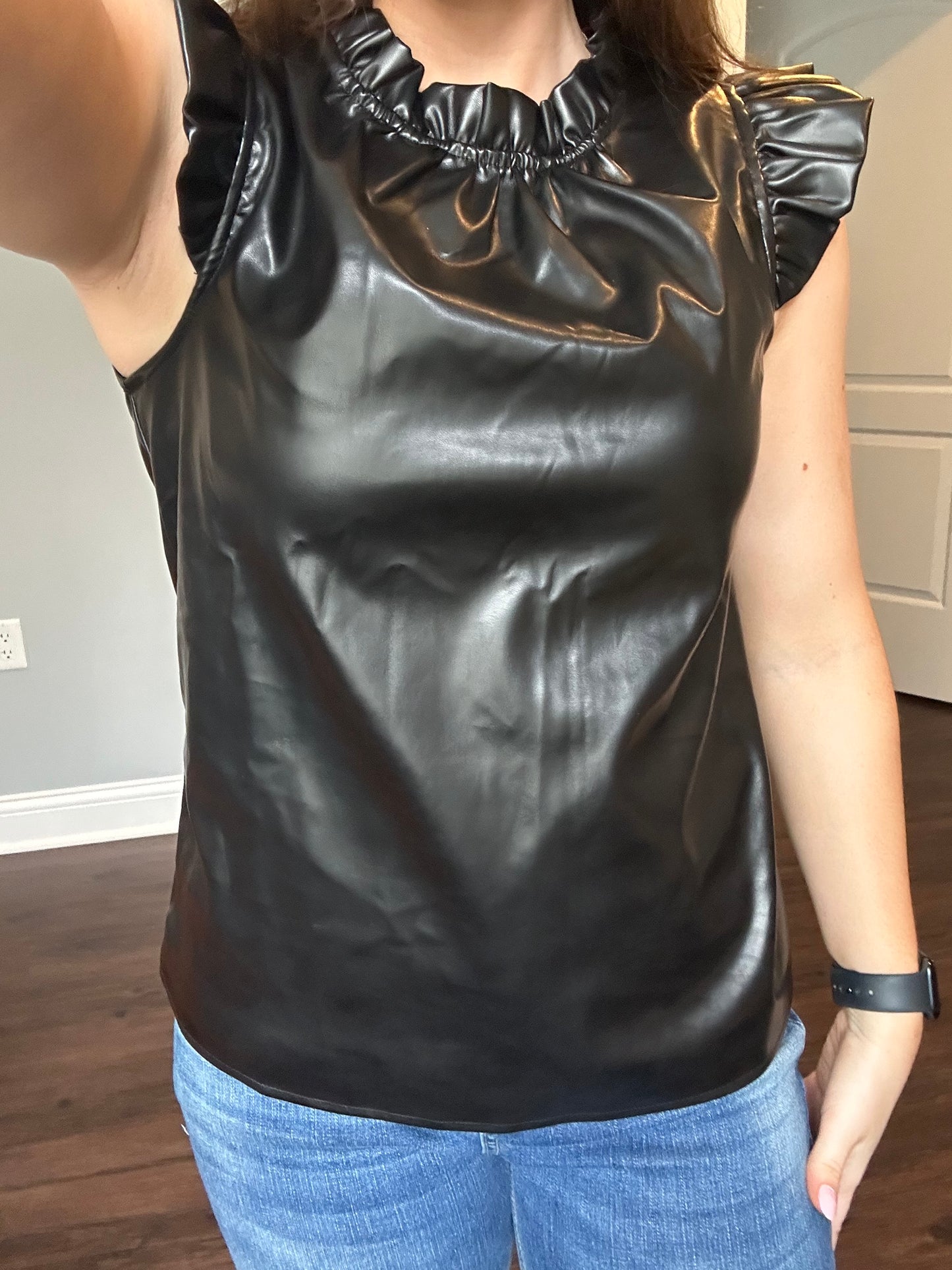 Black PU Leather Frilly Ruffle Trim Blouse