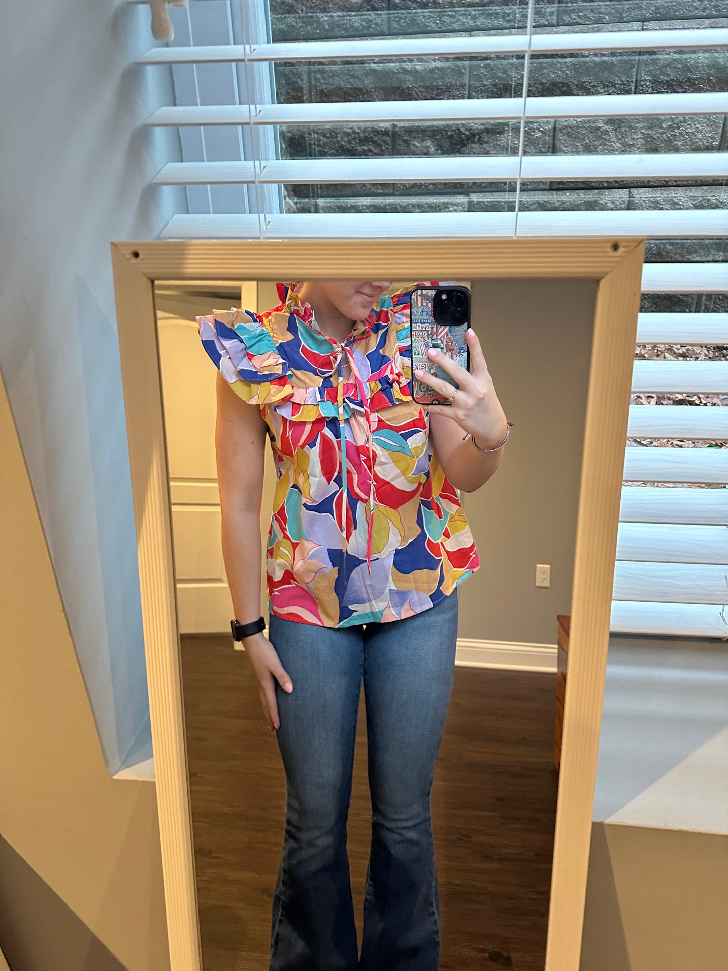 Pink Abstract Printed Ruffled Flutter Sleeve Tied Split V Neck Blouse