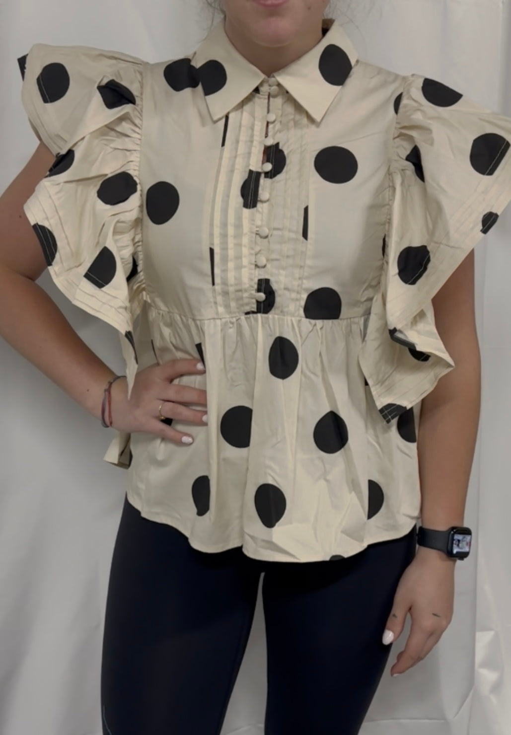 Dot Print Woven Ruffled Sleeves Button Up Top