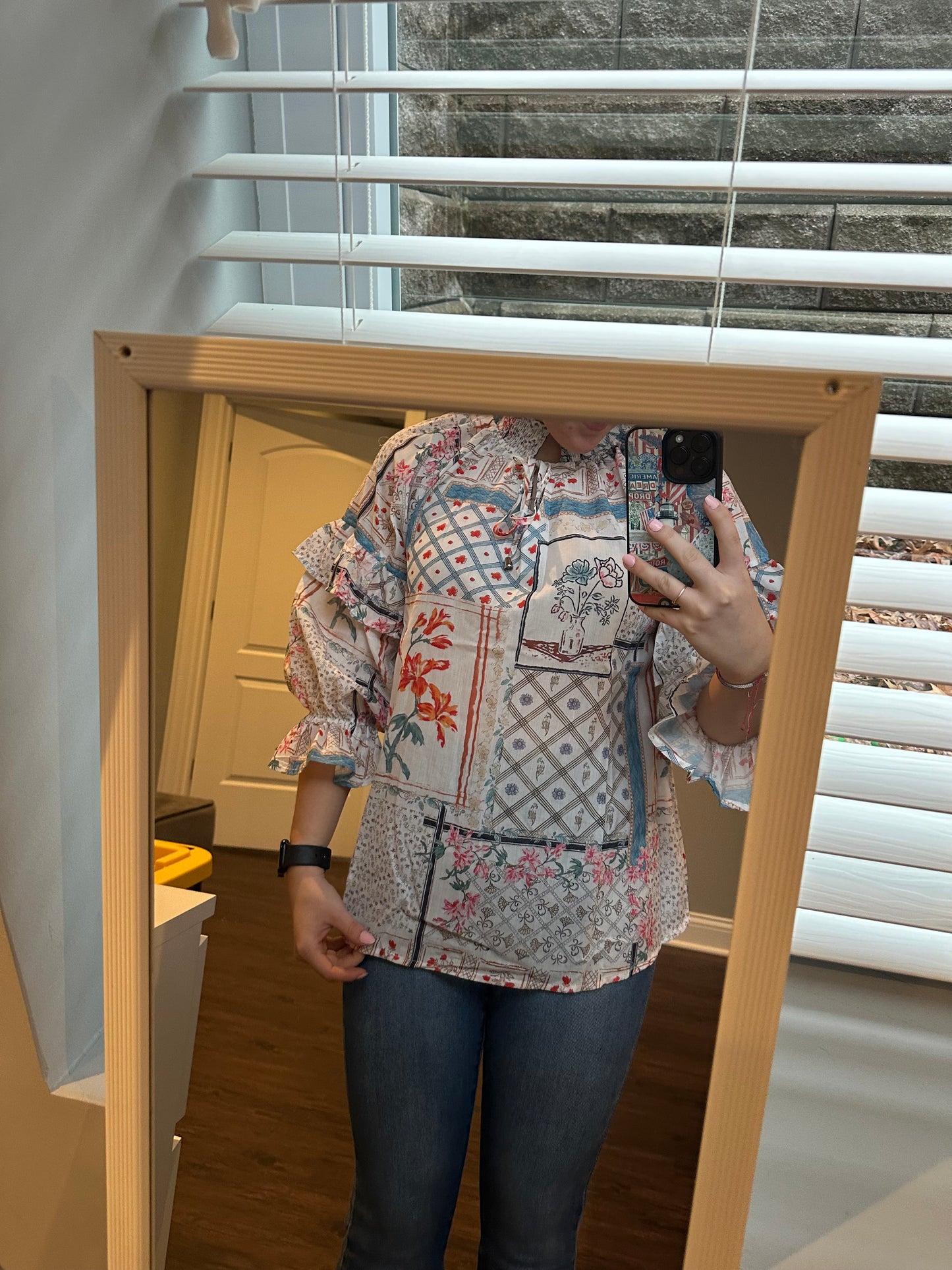 Multicolour Boho Floral Patched Ruffled Sleeve Tied Neck Blouse