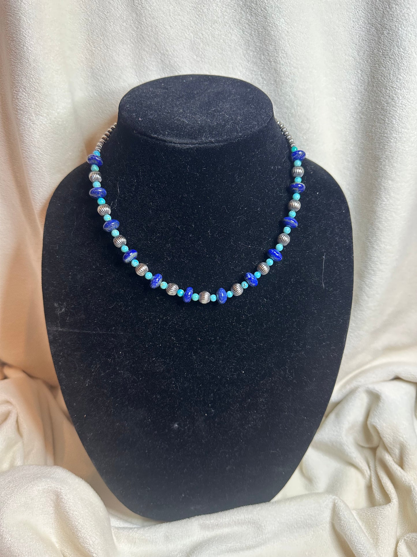 Corrugated sterling x turquoise x blue lapis necklace