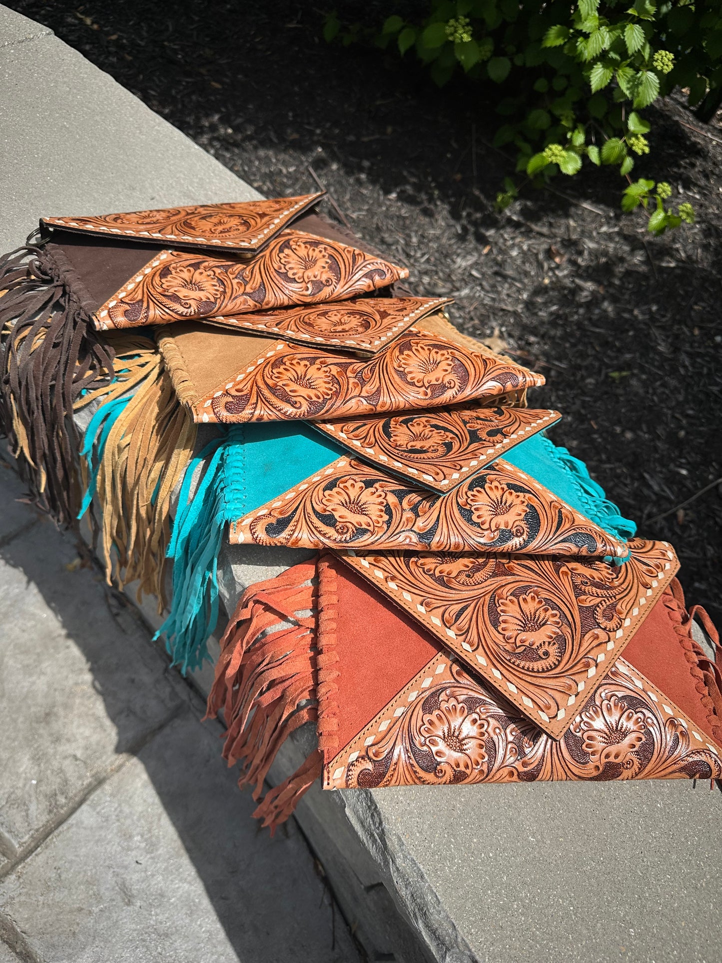 Hand Tooled Suede Leather Fringe Crossbody Bag