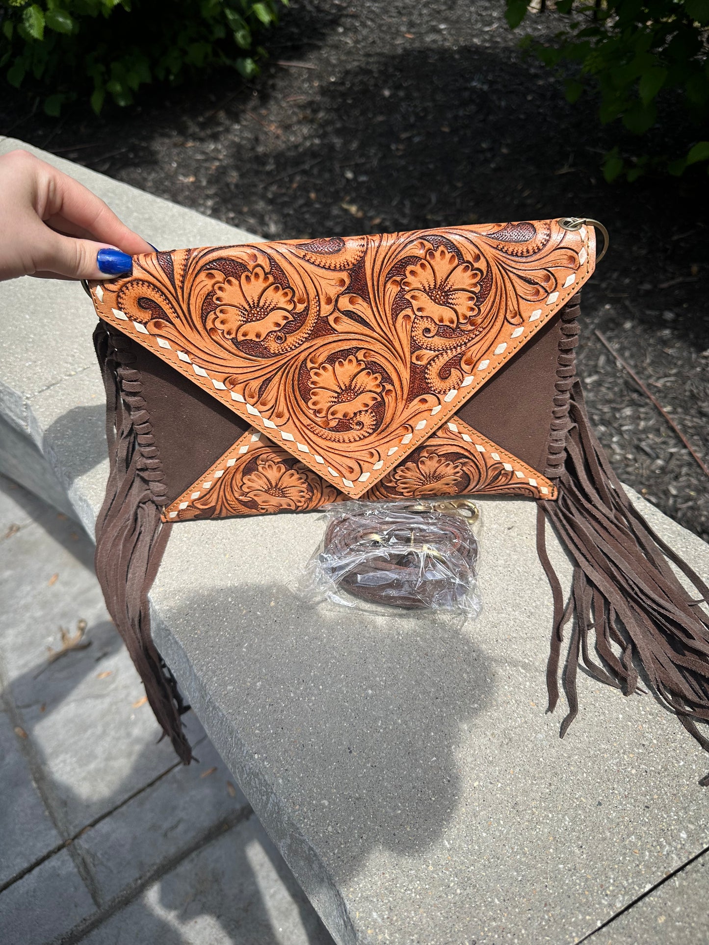 Hand Tooled Suede Leather Fringe Crossbody Bag