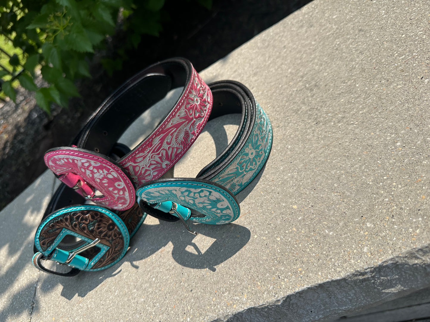 Hand Tooled Genuine Leather Wide Rounded Buckles Belt *3colors