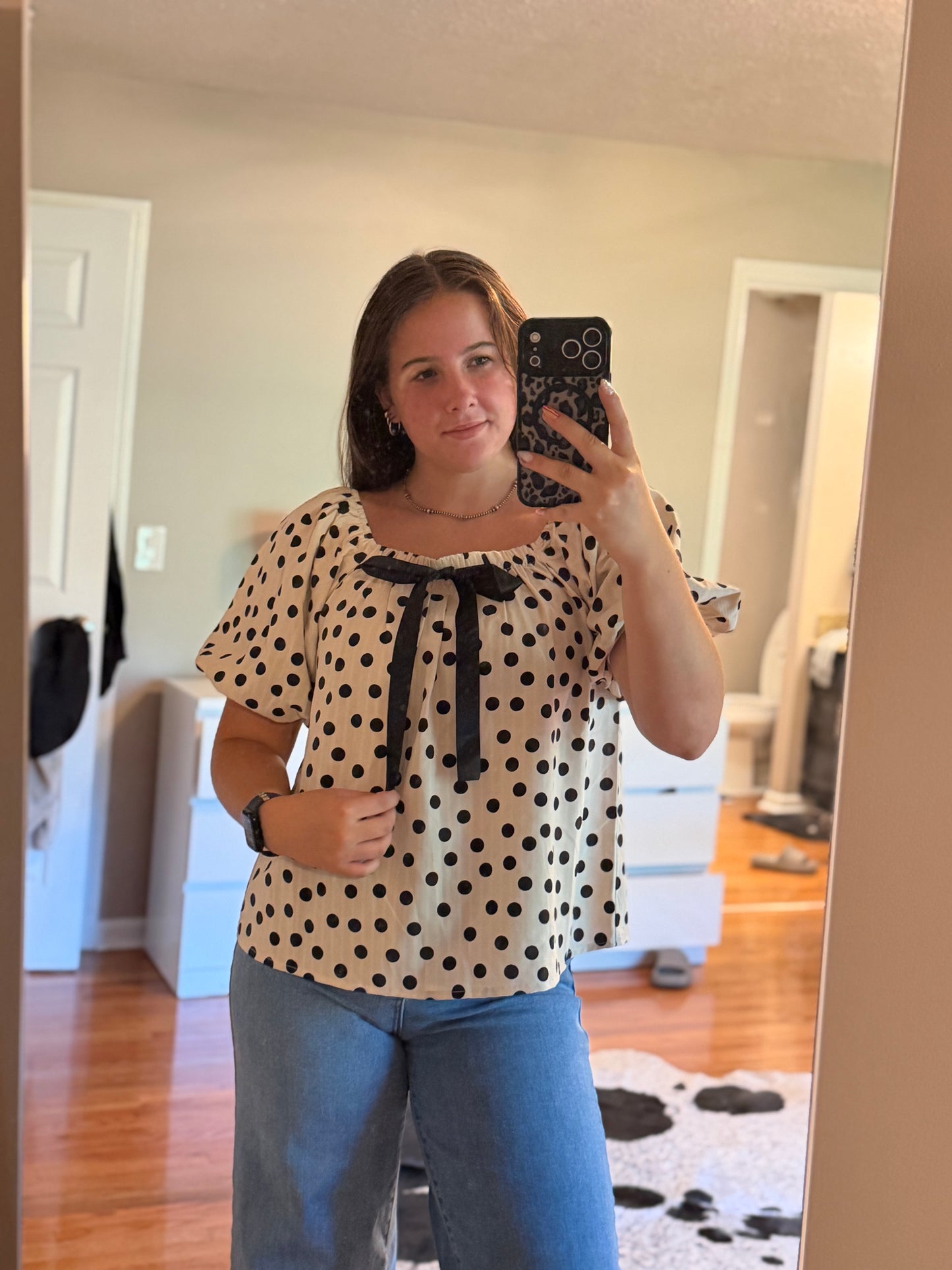 POLKA DOT BOW ELASTIC OPENING PUFF SLEEVES TOP