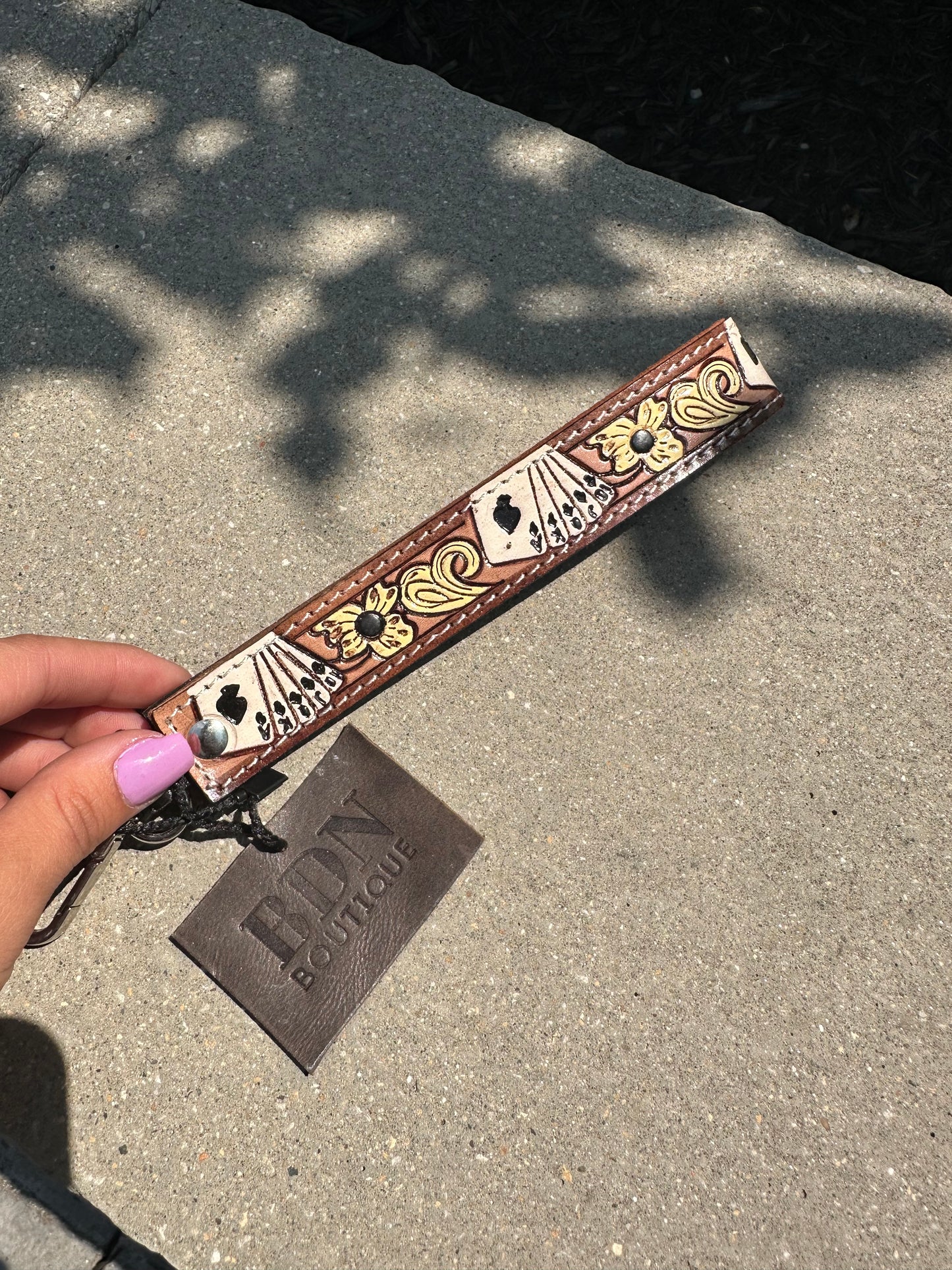 Tooled Leather Keychain - cards/yellow floral