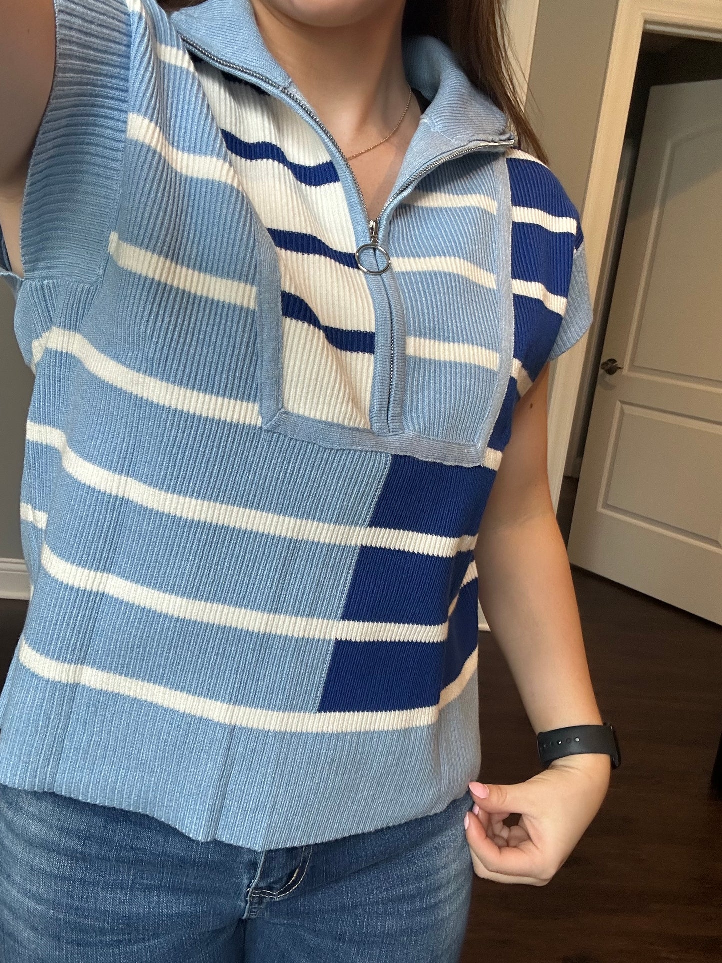 Sky Blue Stripe Colorblock Quarter Zip Collar Sweater Vest