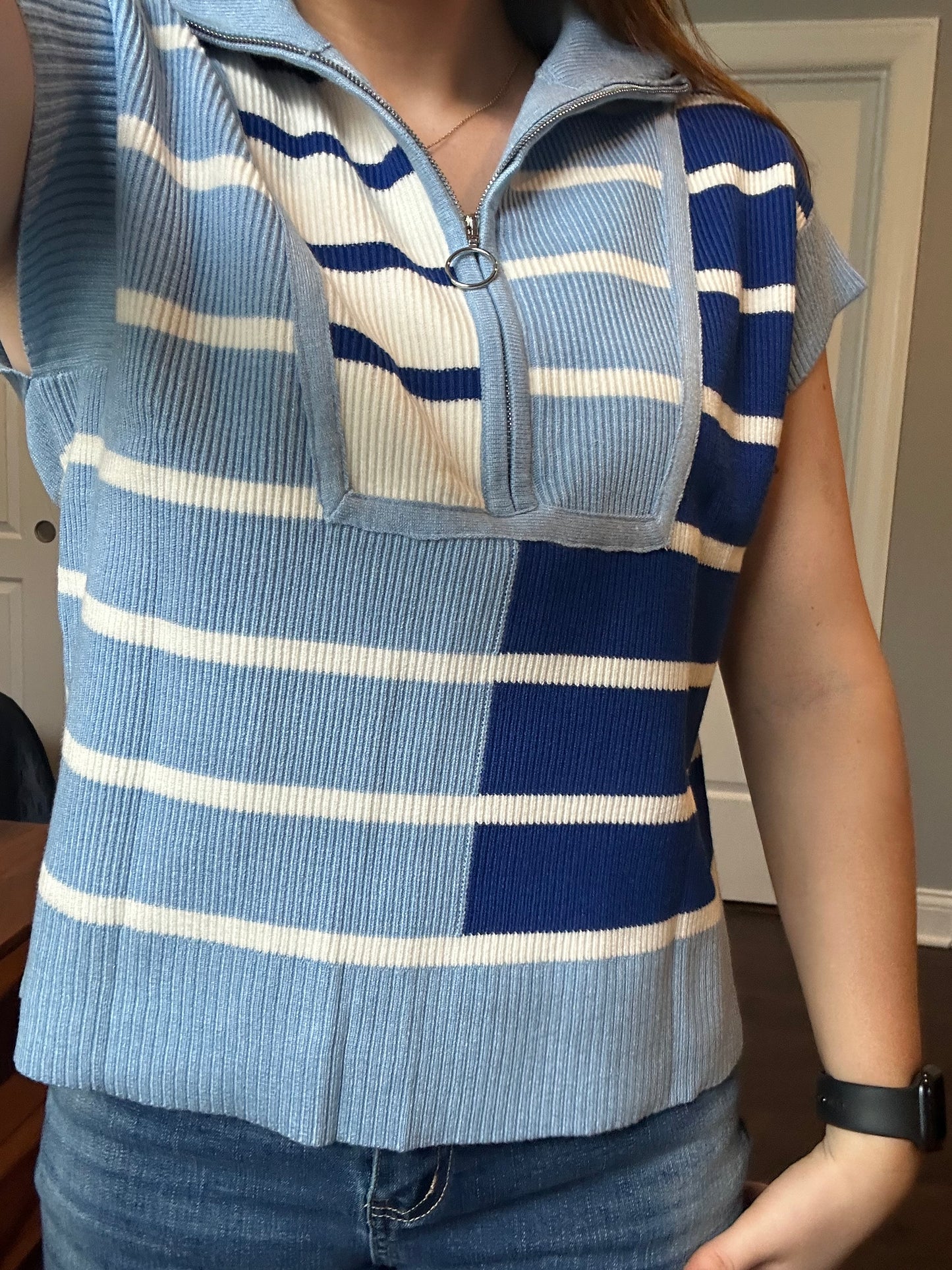 Sky Blue Stripe Colorblock Quarter Zip Collar Sweater Vest
