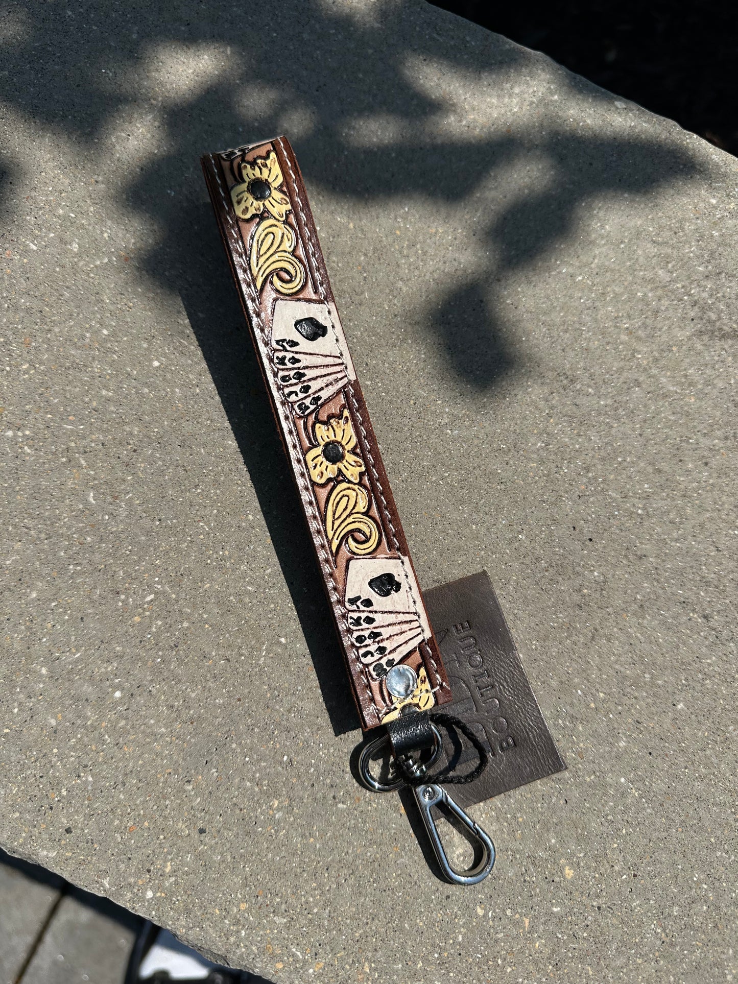 Tooled Leather Keychain - cards/yellow floral