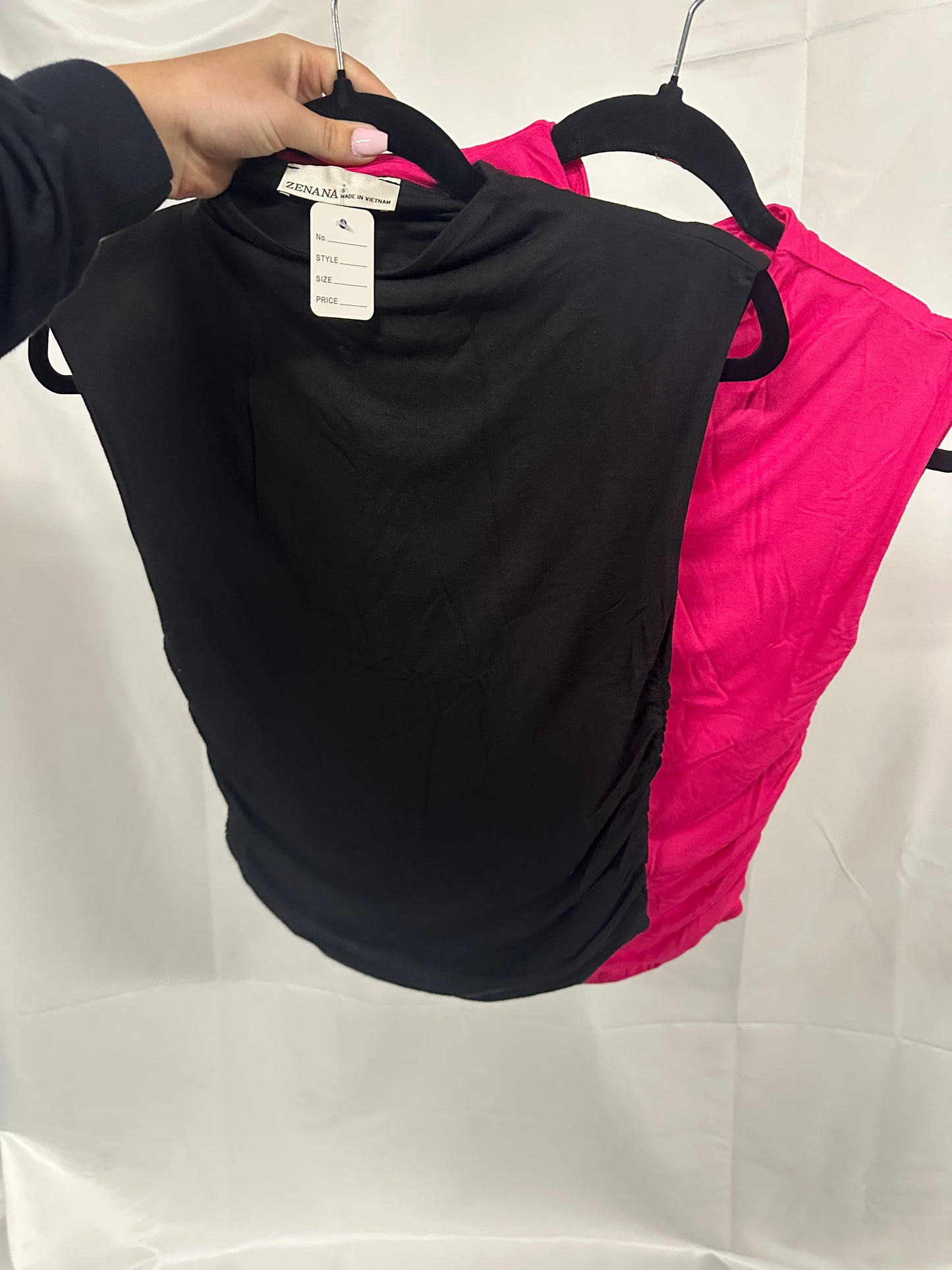 Double layered ruched side mock neck top