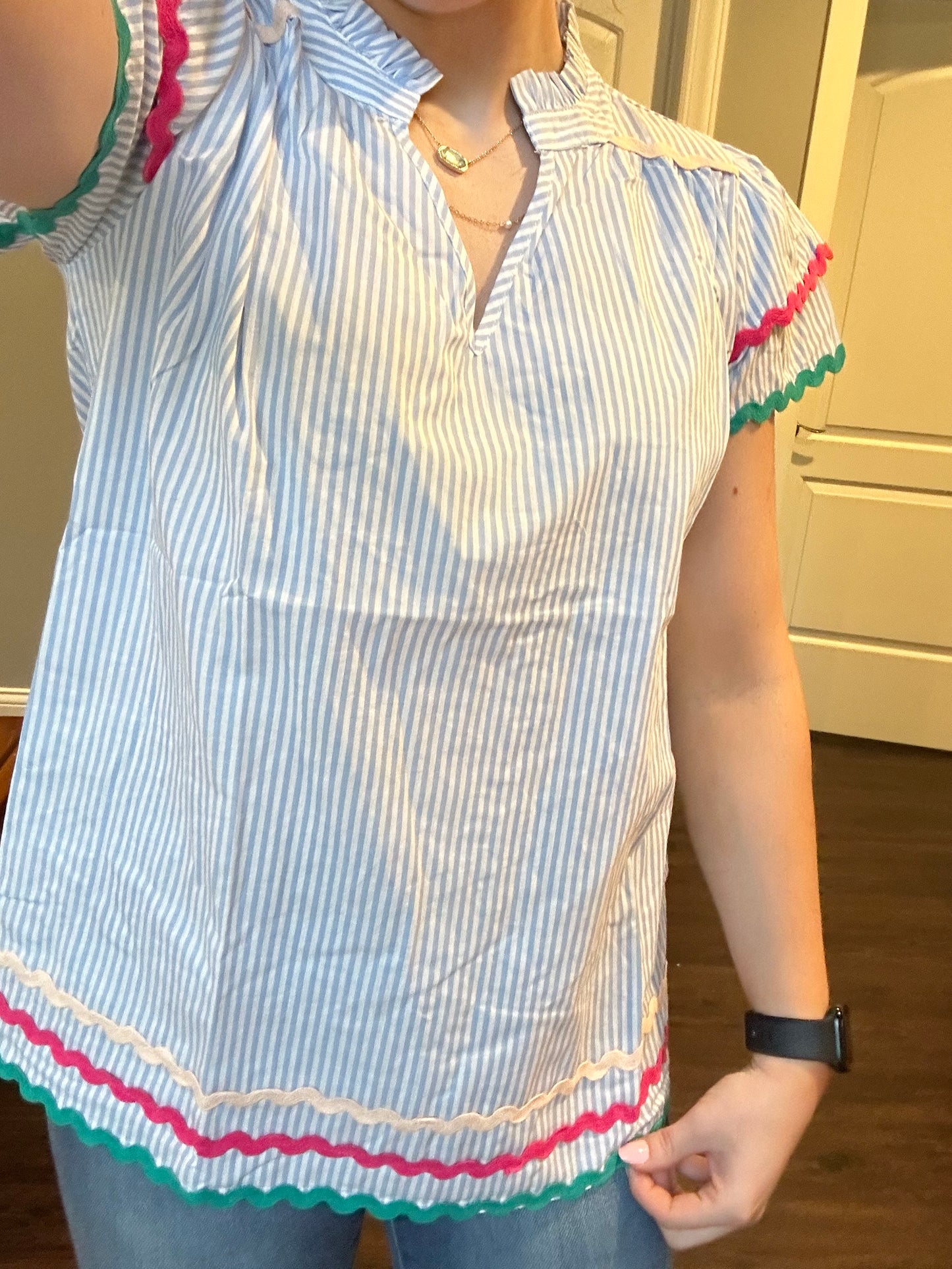Sky Blue Stripe Ricrac Trim Split Neck Striped Ruffled Sleeve Blouse