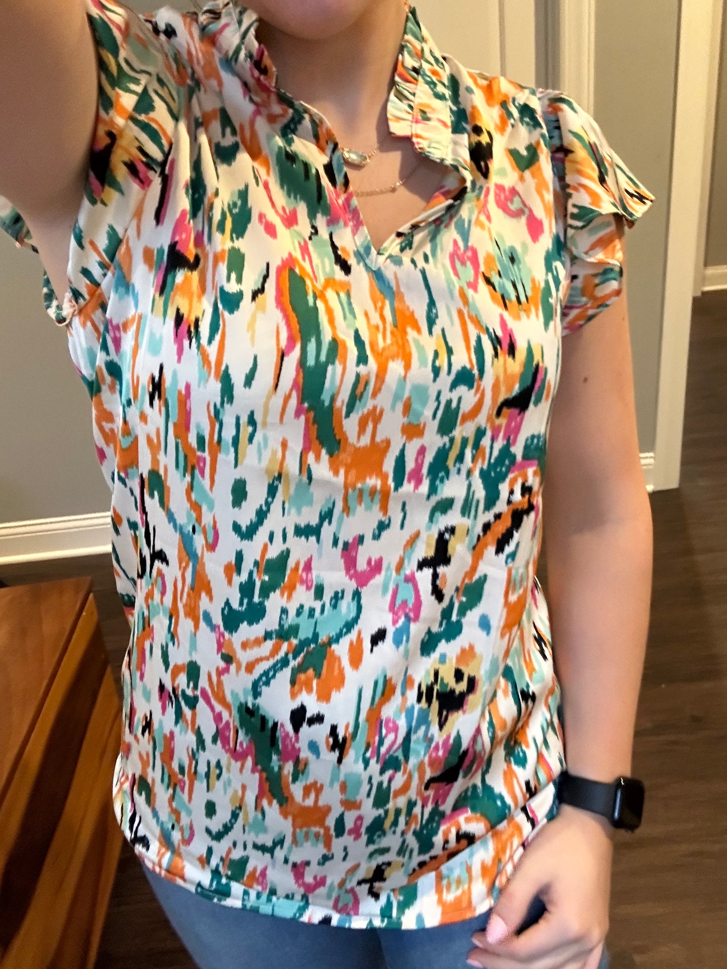 Green Abstract Print Split Neck Ruffle Sleeve Blouse