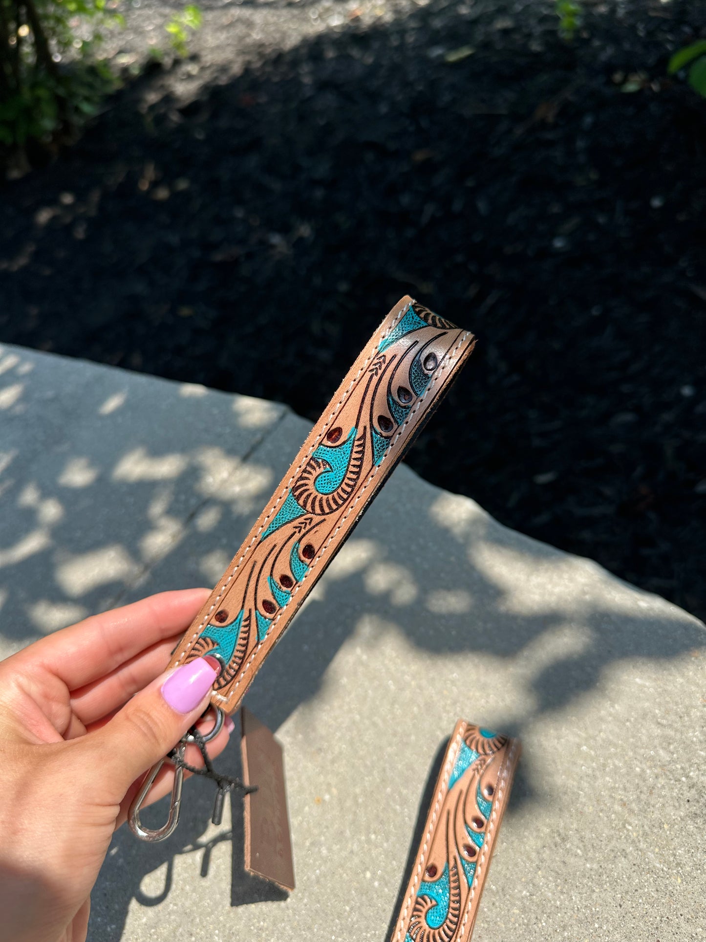 Tooled Leather Keychain - tan/turquoise/design