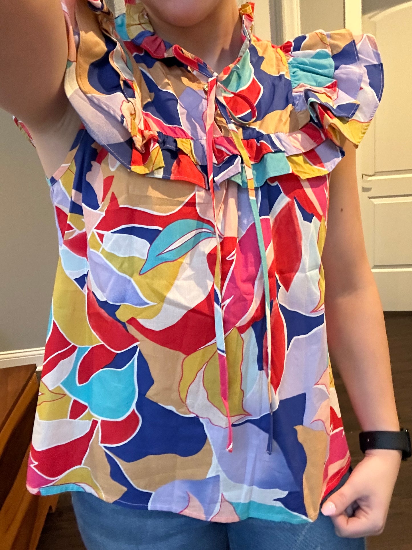 Pink Abstract Printed Ruffled Flutter Sleeve Tied Split V Neck Blouse