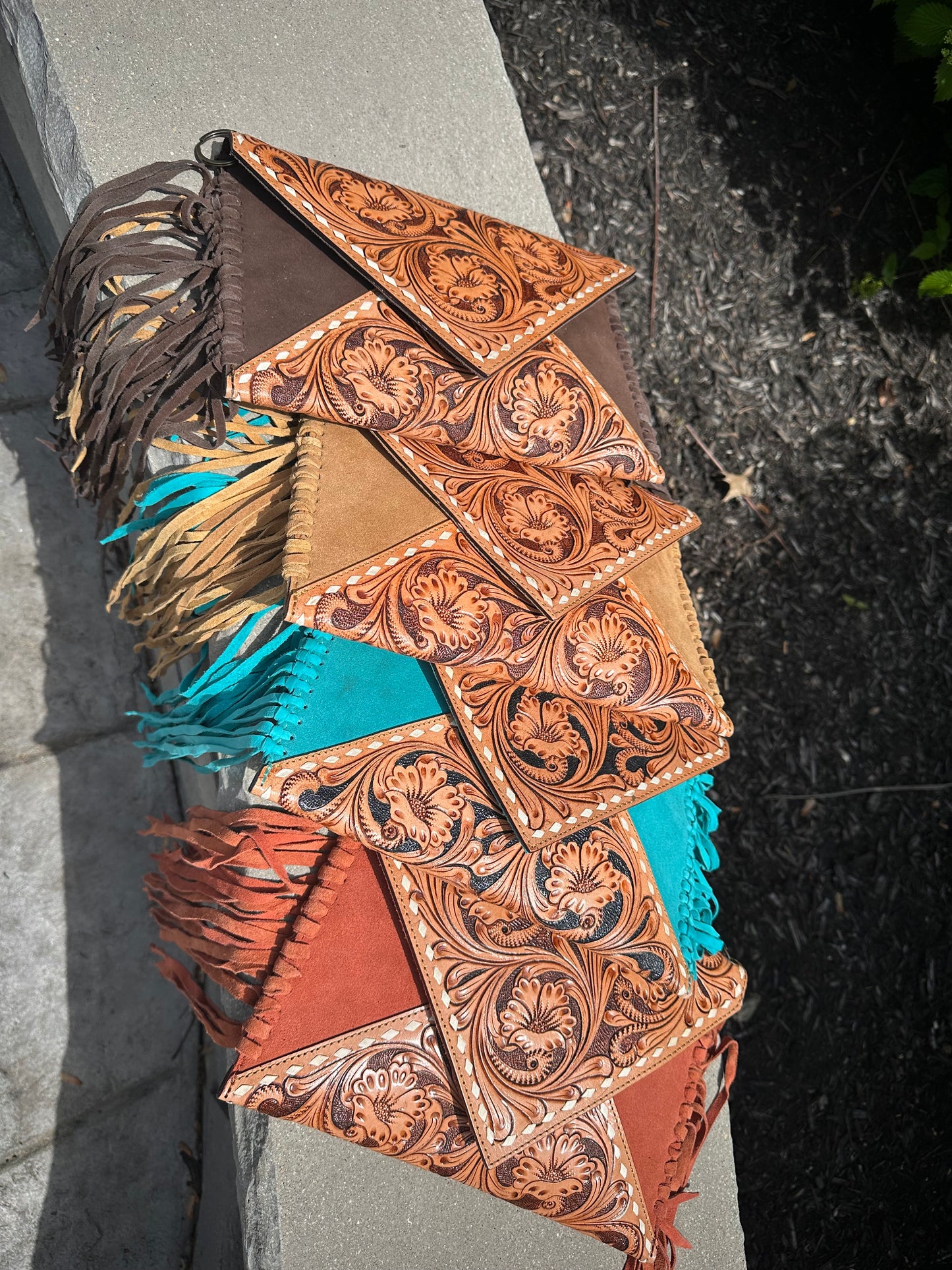 Hand Tooled Suede Leather Fringe Crossbody Bag