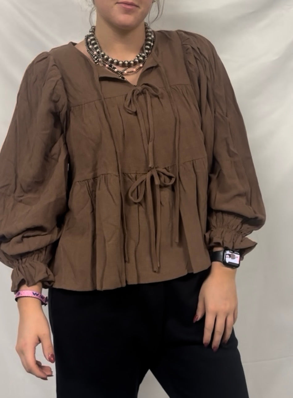 Linen Like Solid Top With Bow Tied Details