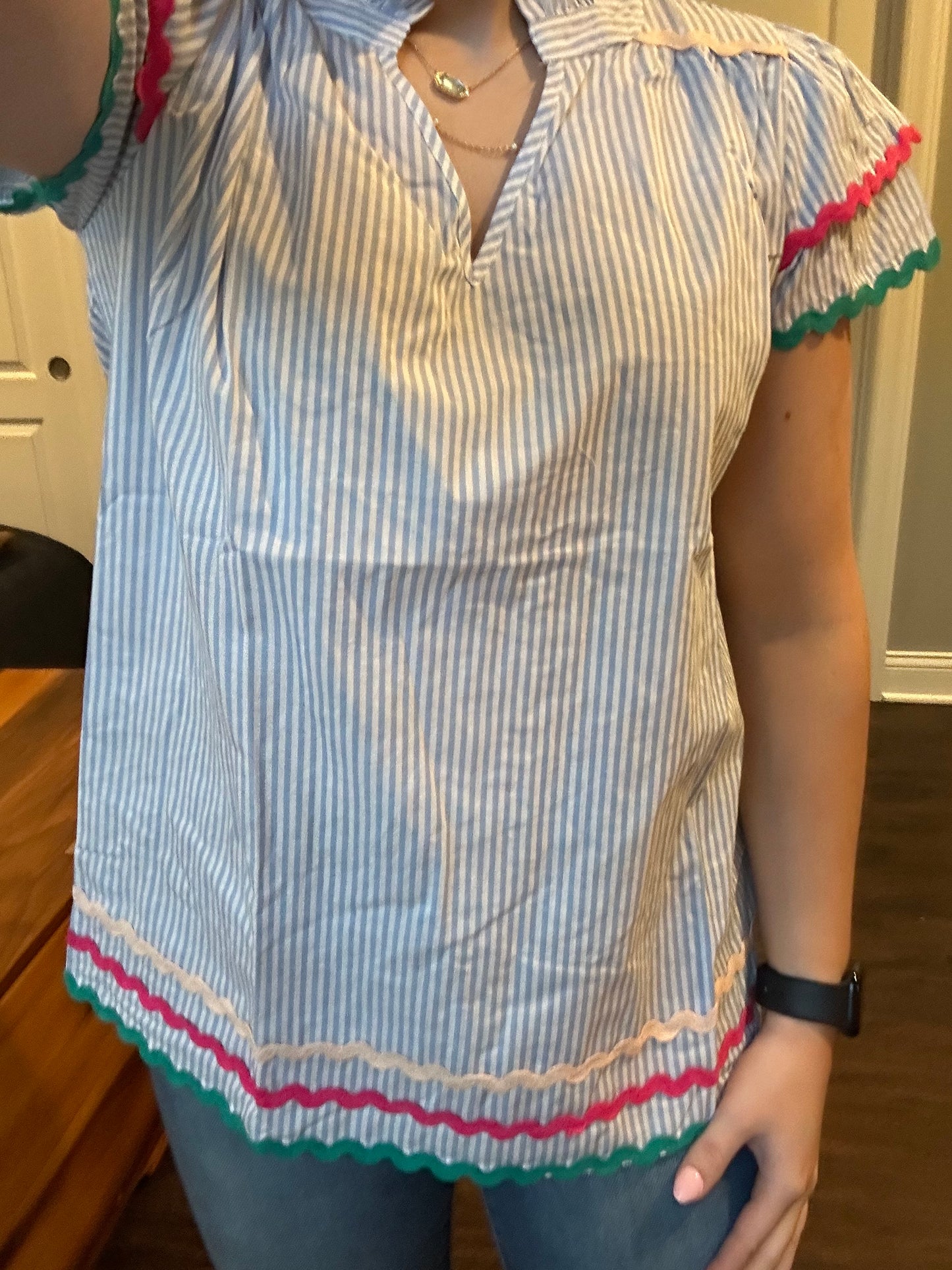 Sky Blue Stripe Ricrac Trim Split Neck Striped Ruffled Sleeve Blouse