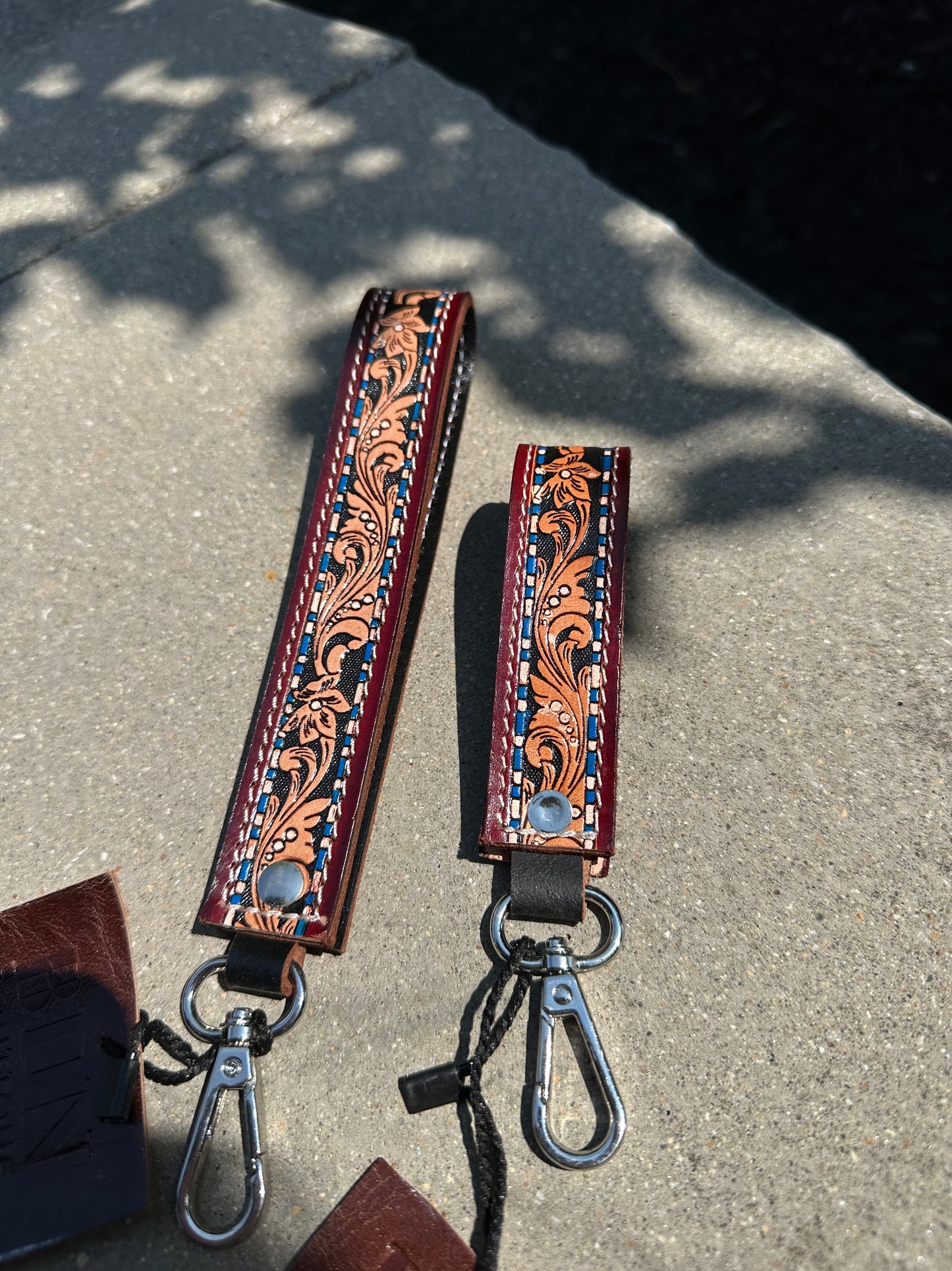 Tooled Leather Keychain - Burgundy/Blue/Floral Design
