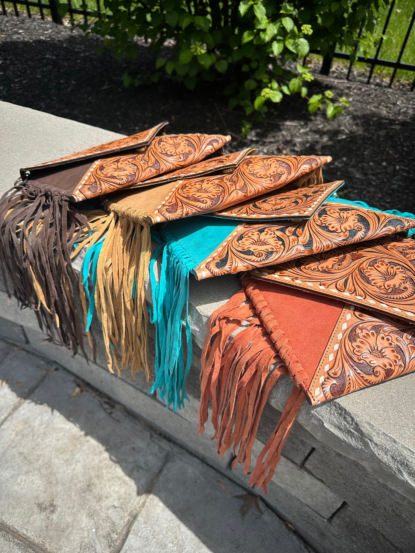 Hand Tooled Suede Leather Fringe Crossbody Bag