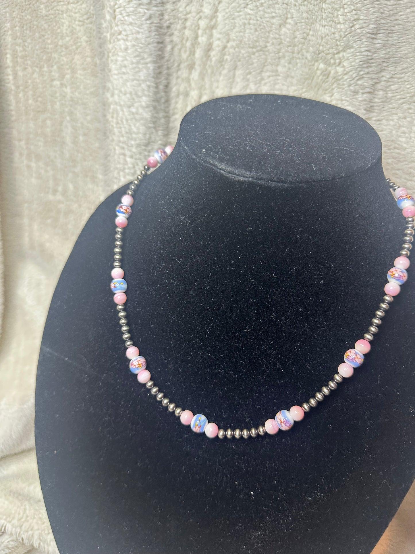 4mm pearl + 6mm pink conch + 8mm ceramic necklace - sterling silver pearls