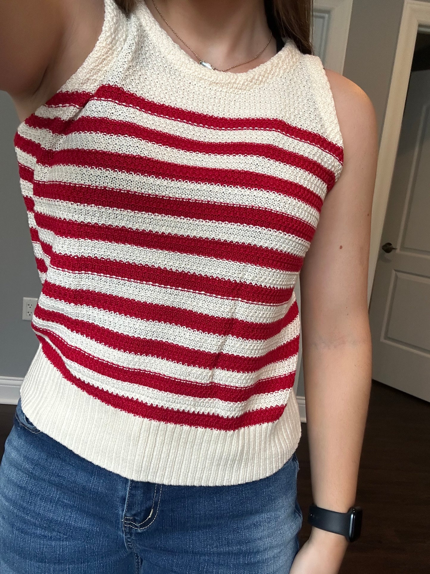 Red Stripe Textured Knit Ribbed Hem Sweater Tank Top
