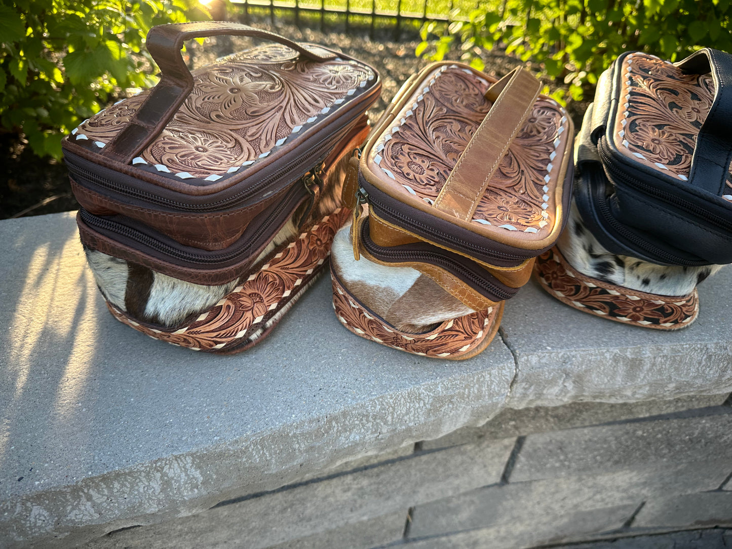 Hand Tooled Leather Cosmetic Make up Bag Women Travel Portable Pouch - Luxury Toiletry Bag