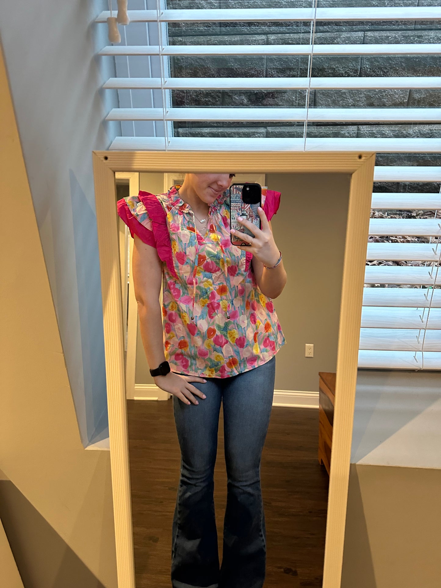Pink Floral Layered Ruffle Flutter Sleeve Tie V Neck Blouse