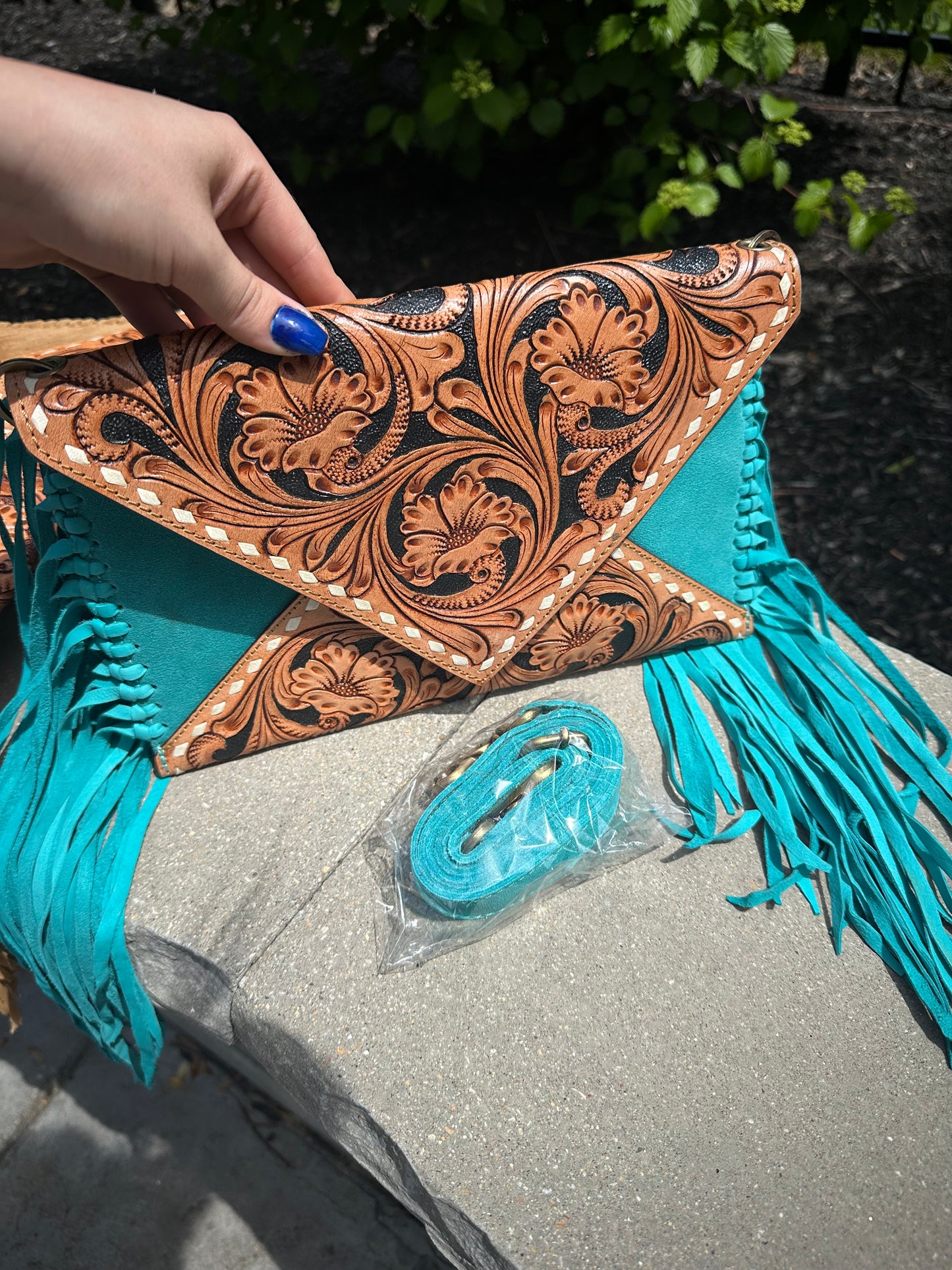 Hand Tooled Suede Leather Fringe Crossbody Bag