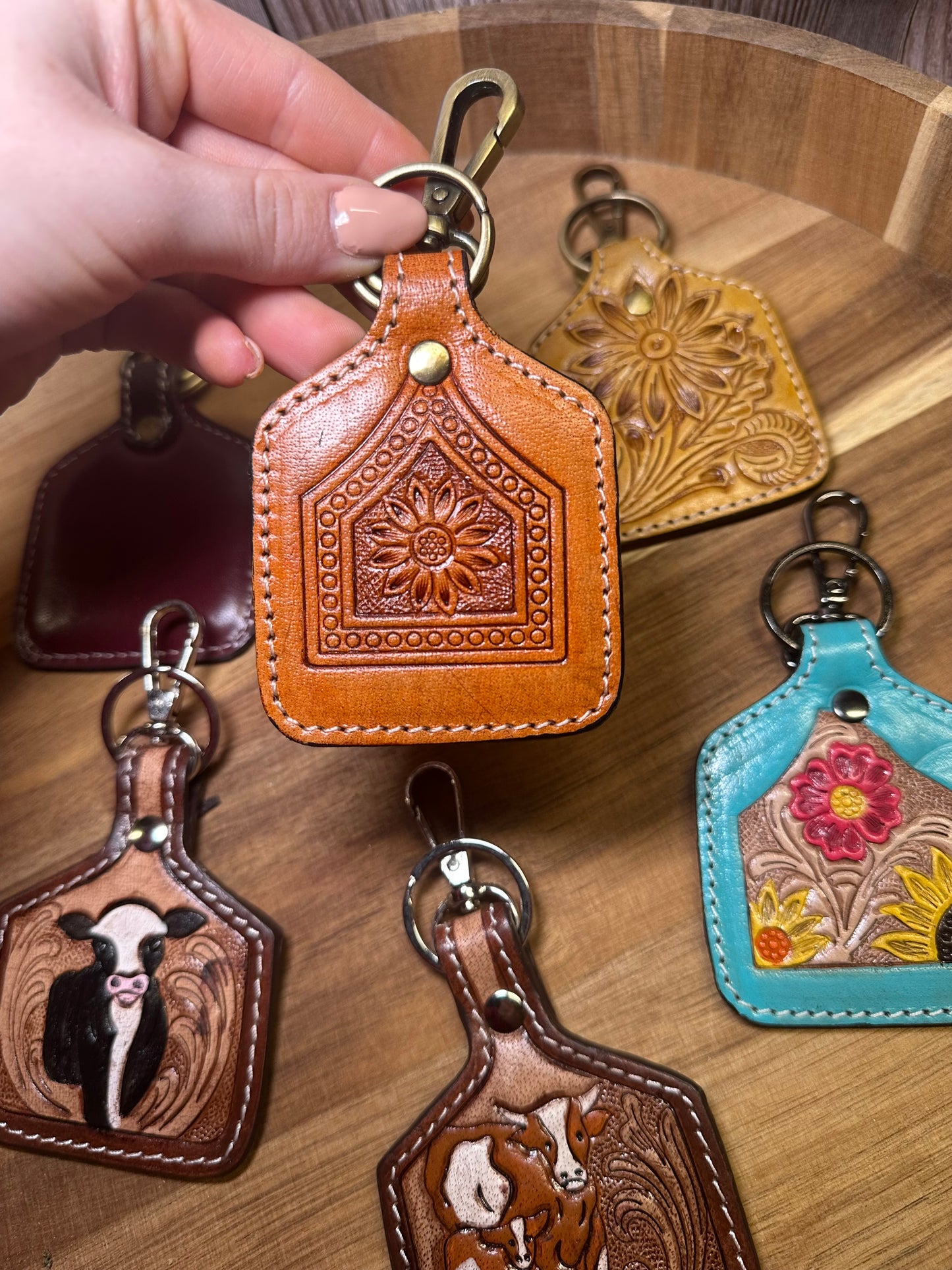 Western Genuine Leather Ear Tag Keychain
