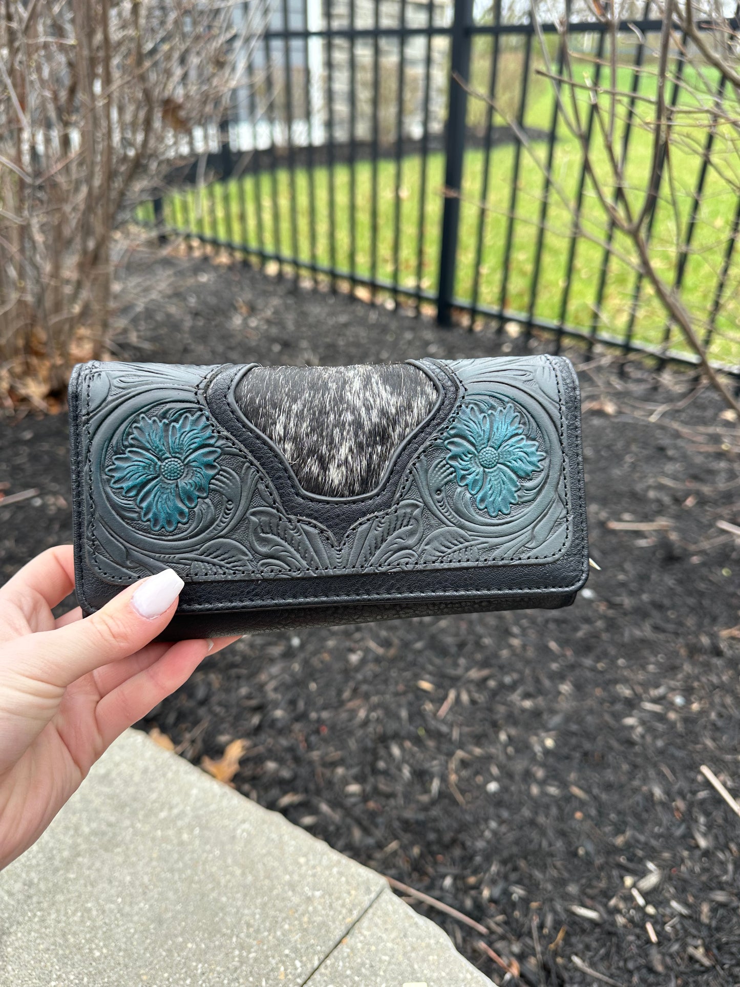 Trinity Ranch Floral Tooled and Hair-On Cowhide Collection Wallet