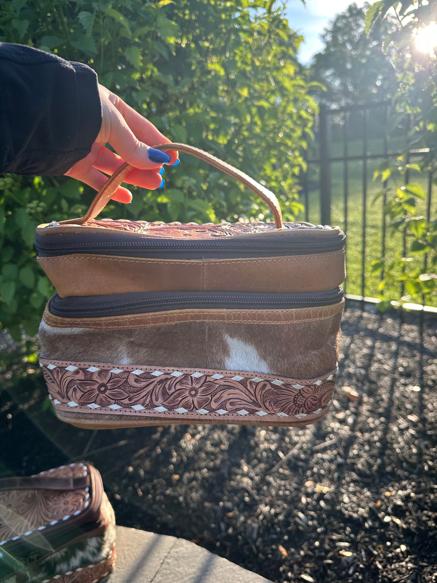 Hand Tooled Leather Cosmetic Make up Bag Women Travel Portable Pouch - Luxury Toiletry Bag