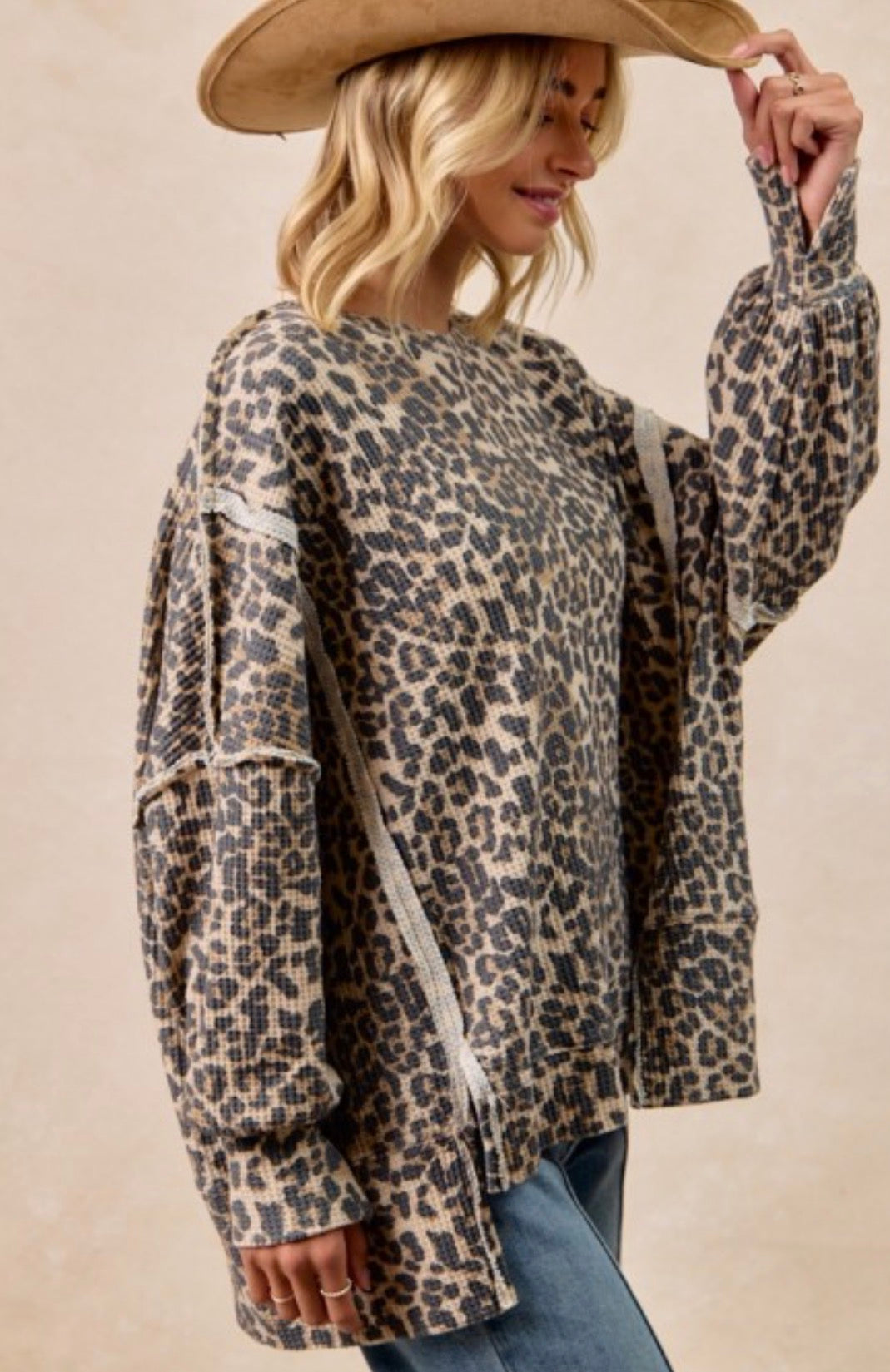 Leopard print oversized waffle sweater