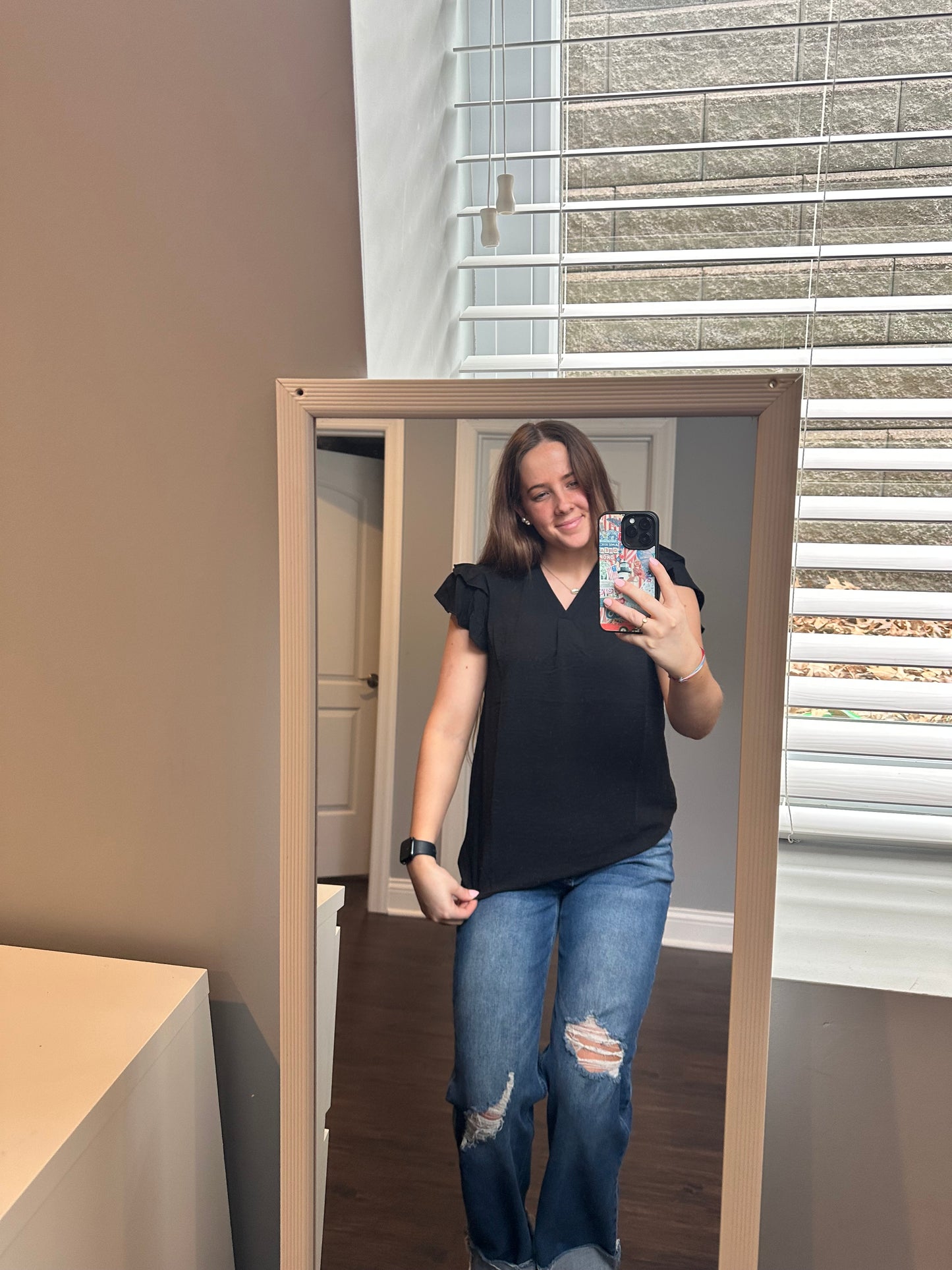 Black V Neck Ruffle Short Sleeve Blouse