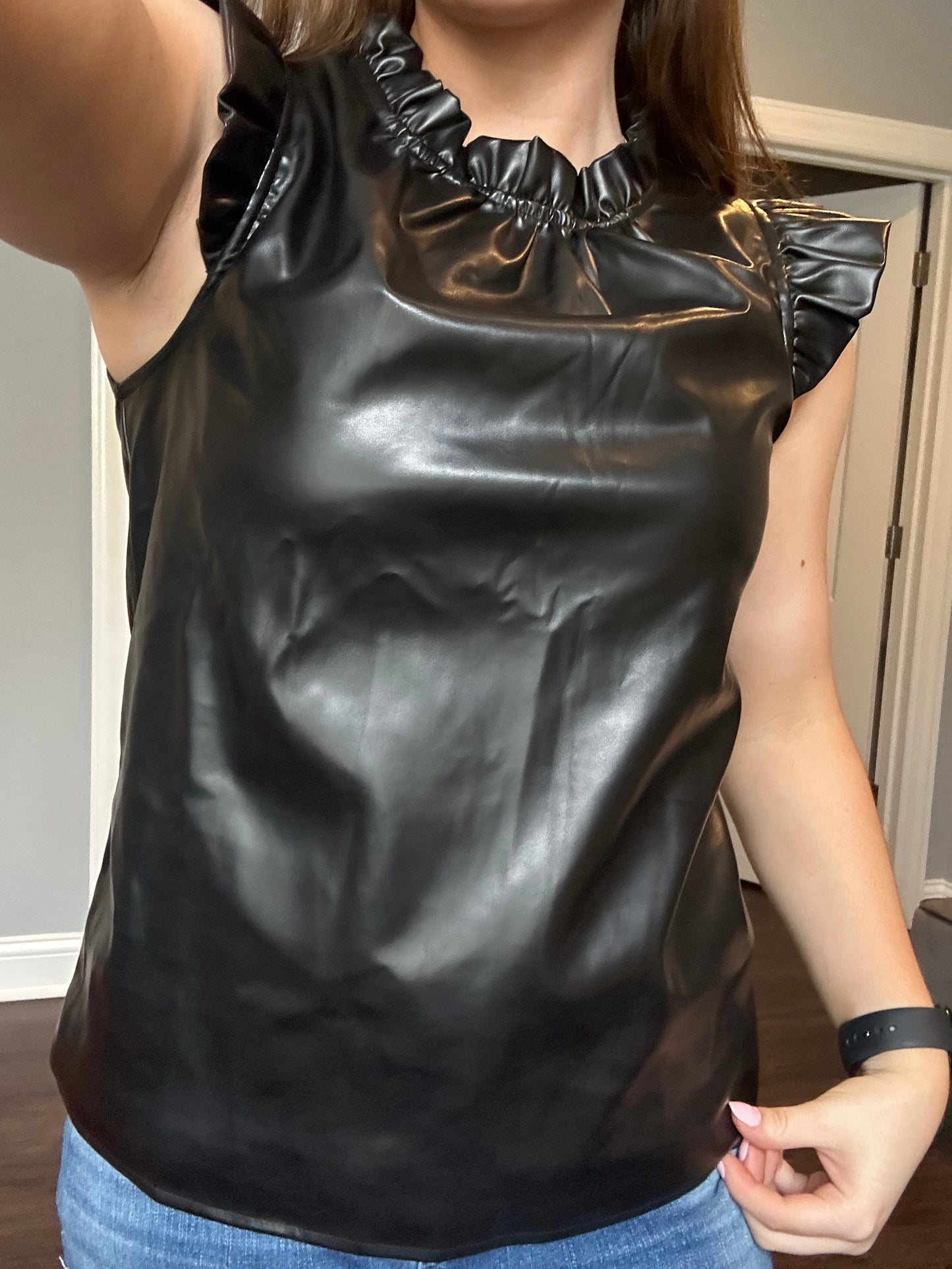 Black PU Leather Frilly Ruffle Trim Blouse
