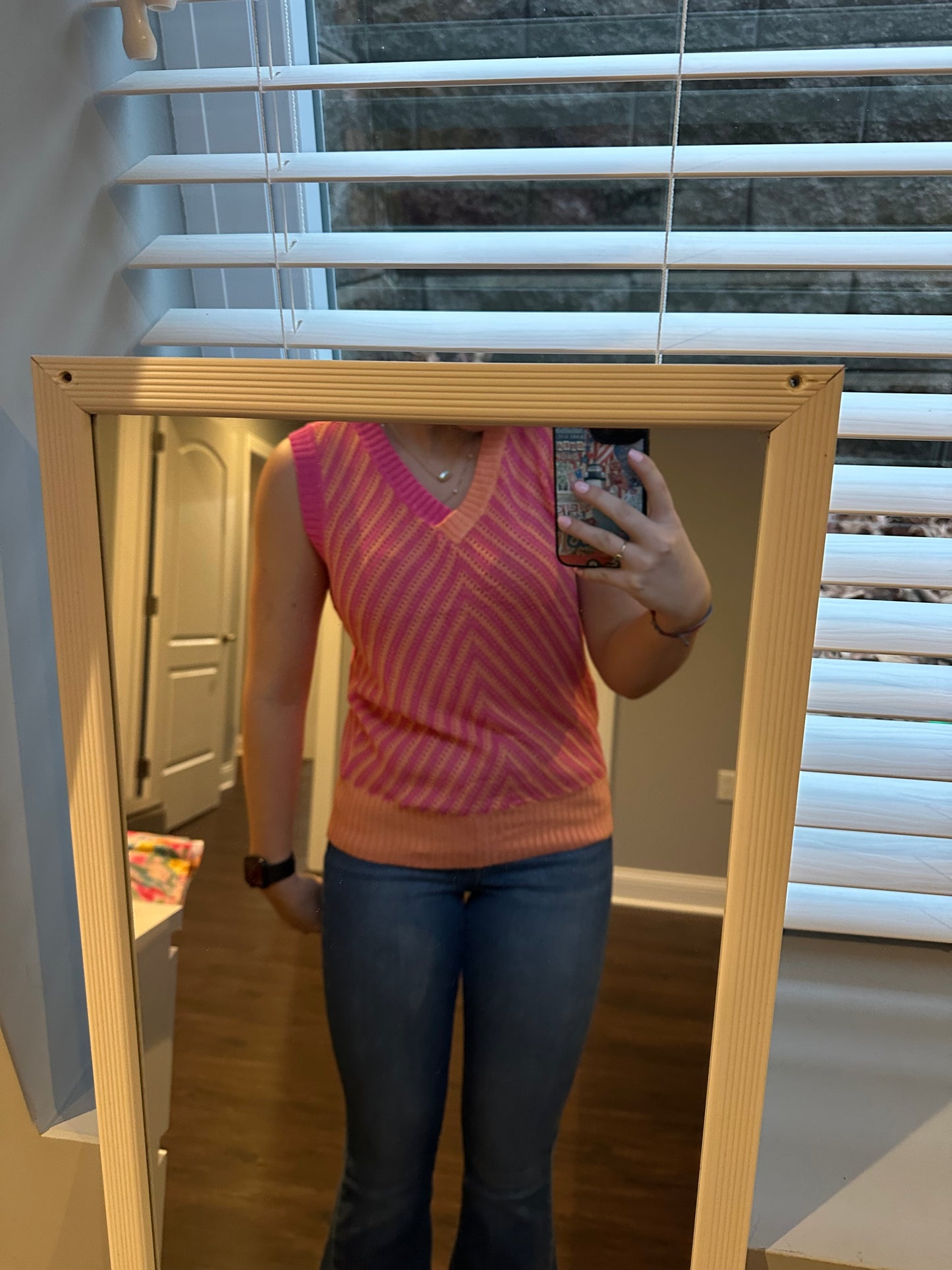 Strawberry Pink Contrast Chevron Knit V Neck Sweater Vest
