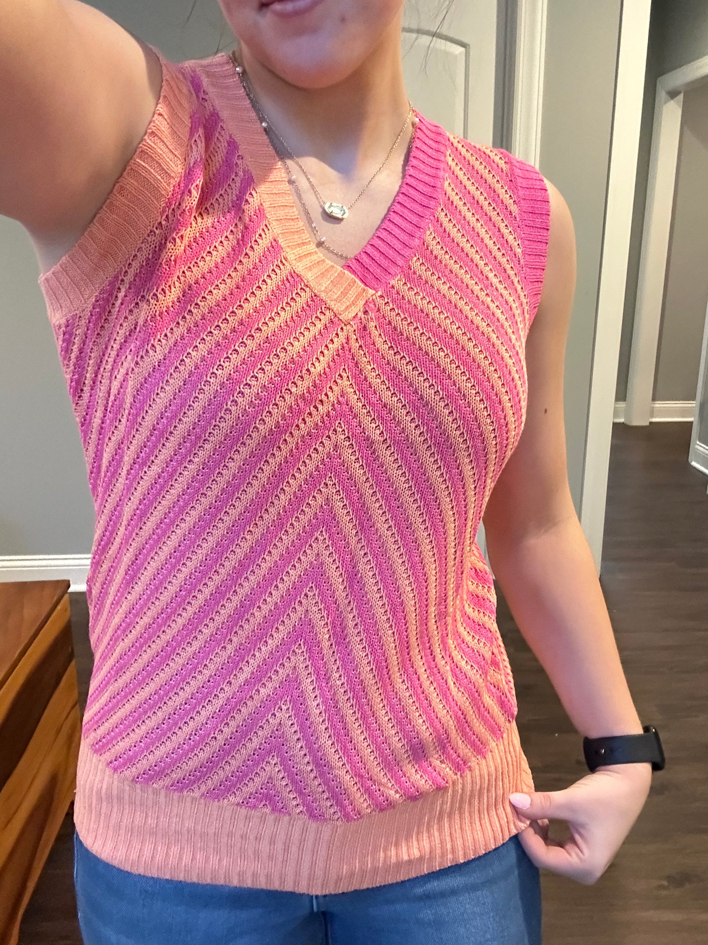 Strawberry Pink Contrast Chevron Knit V Neck Sweater Vest