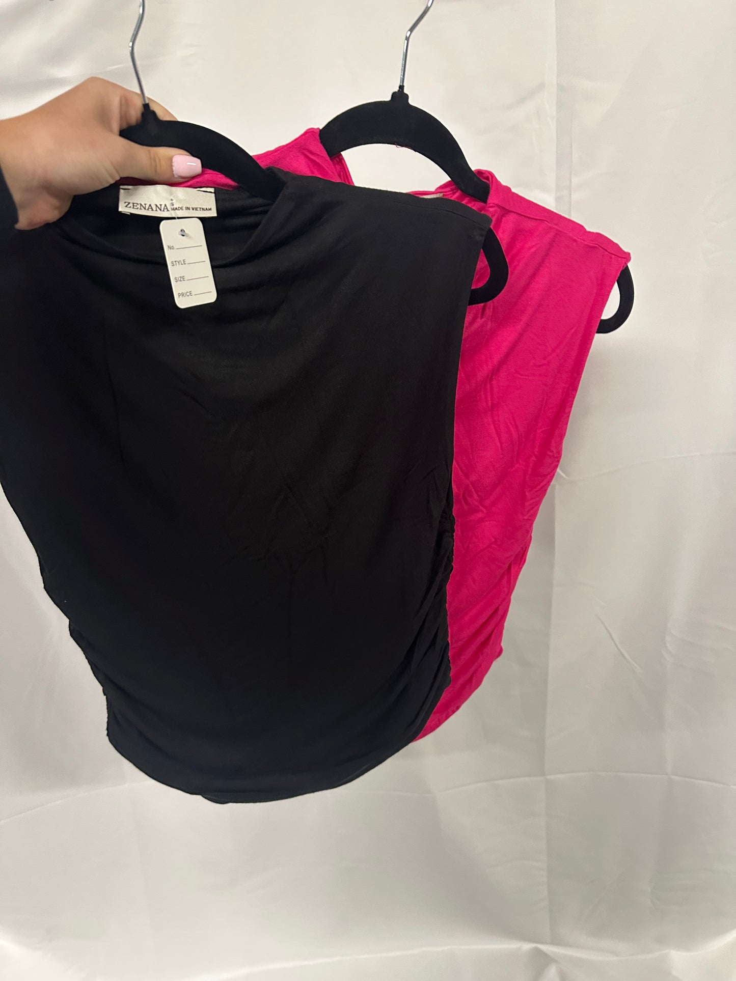 Double layered ruched side mock neck top