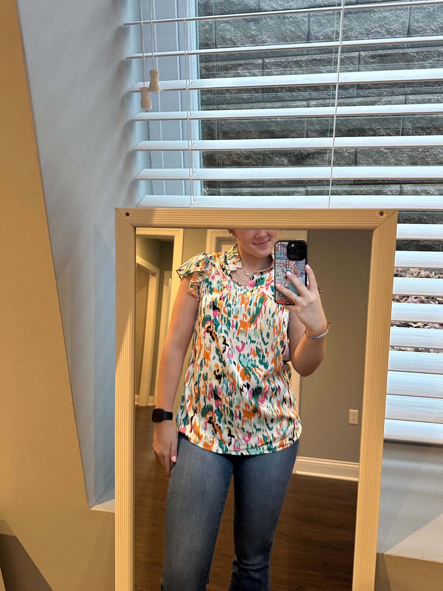 Green Abstract Print Split Neck Ruffle Sleeve Blouse