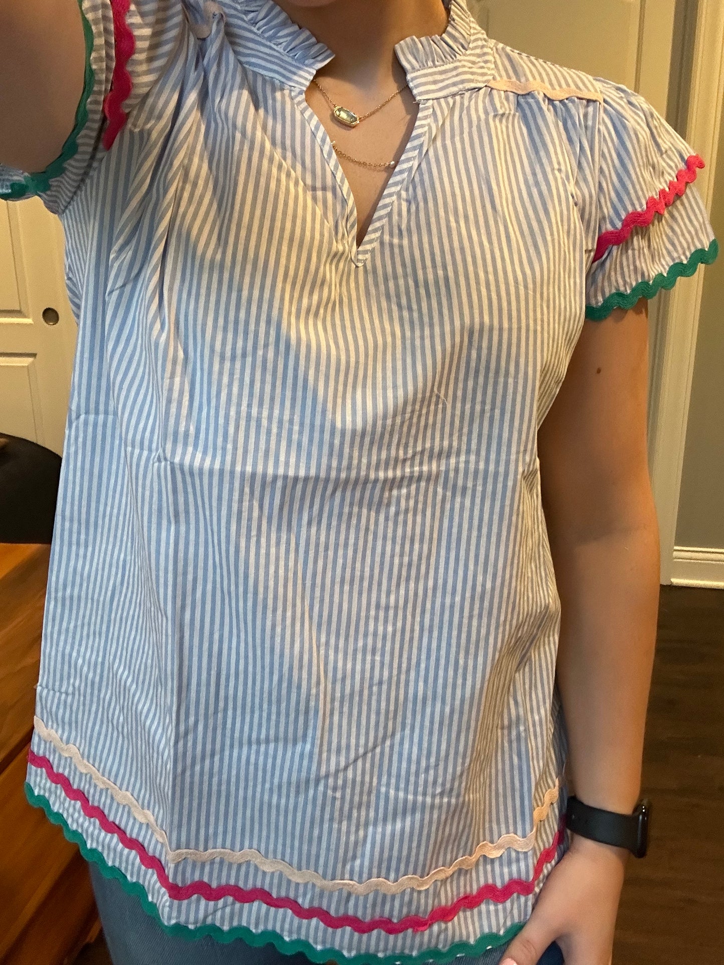 Sky Blue Stripe Ricrac Trim Split Neck Striped Ruffled Sleeve Blouse