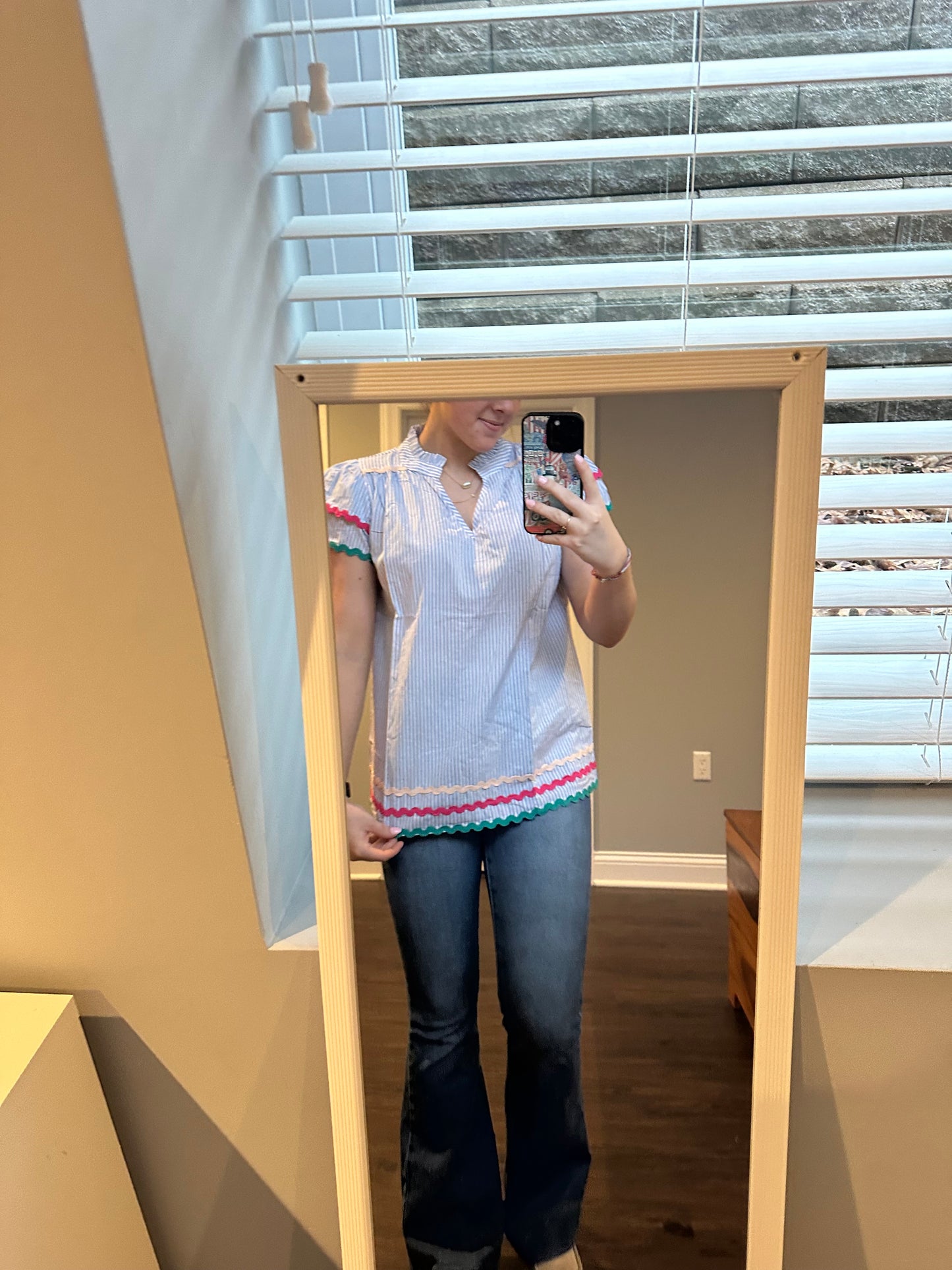 Sky Blue Stripe Ricrac Trim Split Neck Striped Ruffled Sleeve Blouse
