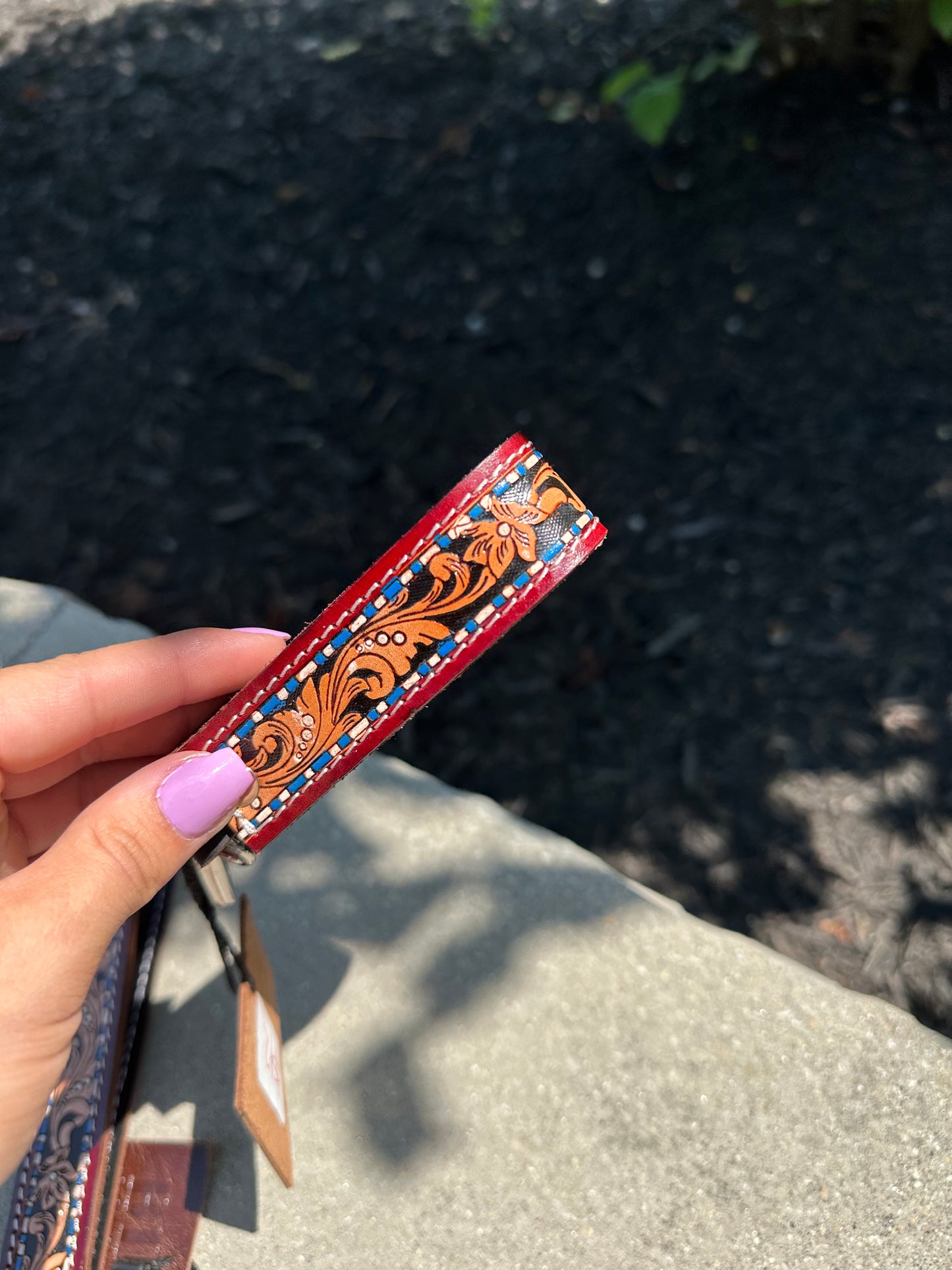 Tooled Leather Keychain - Burgundy/Blue/Floral Design