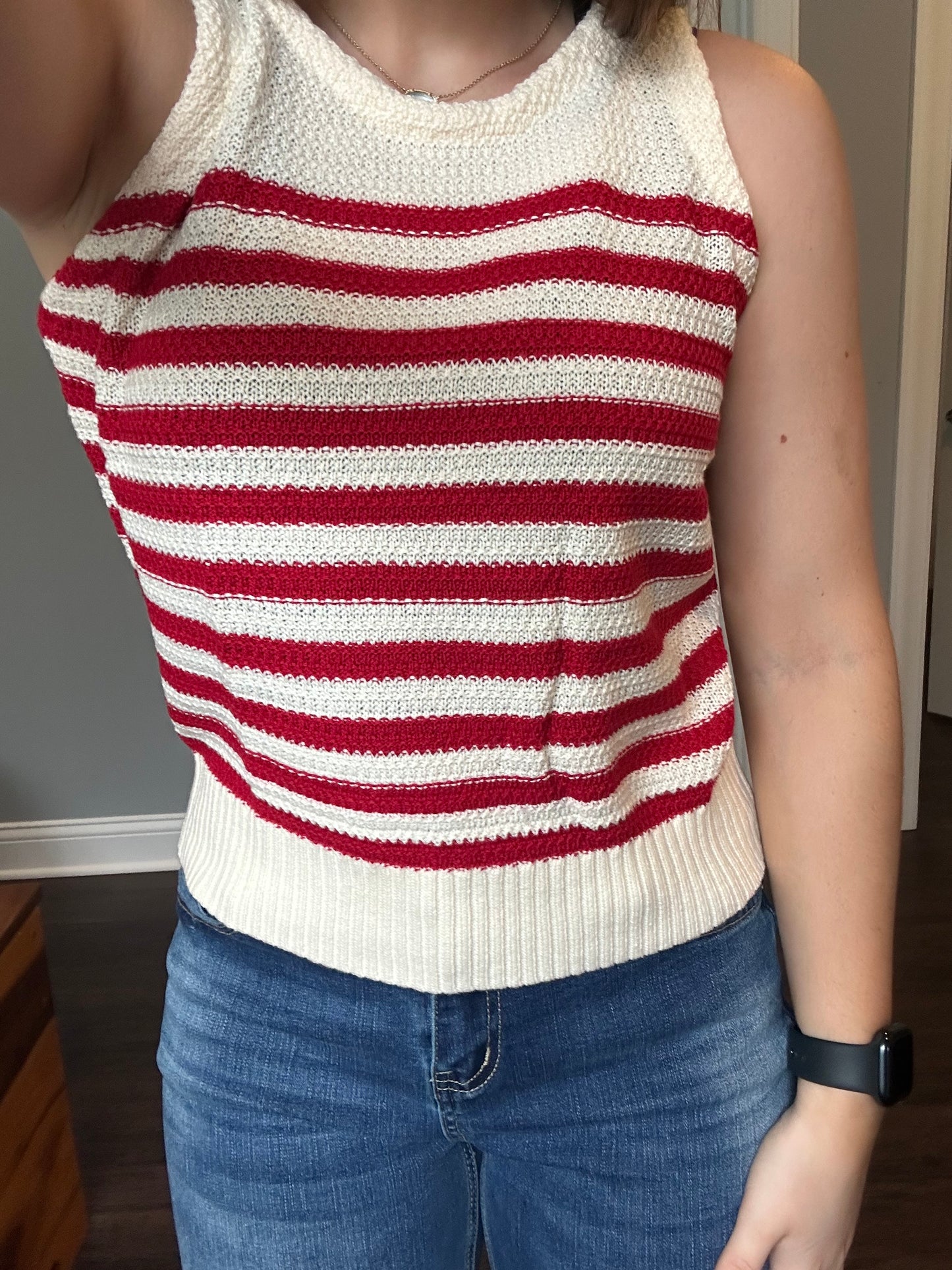 Red Stripe Textured Knit Ribbed Hem Sweater Tank Top