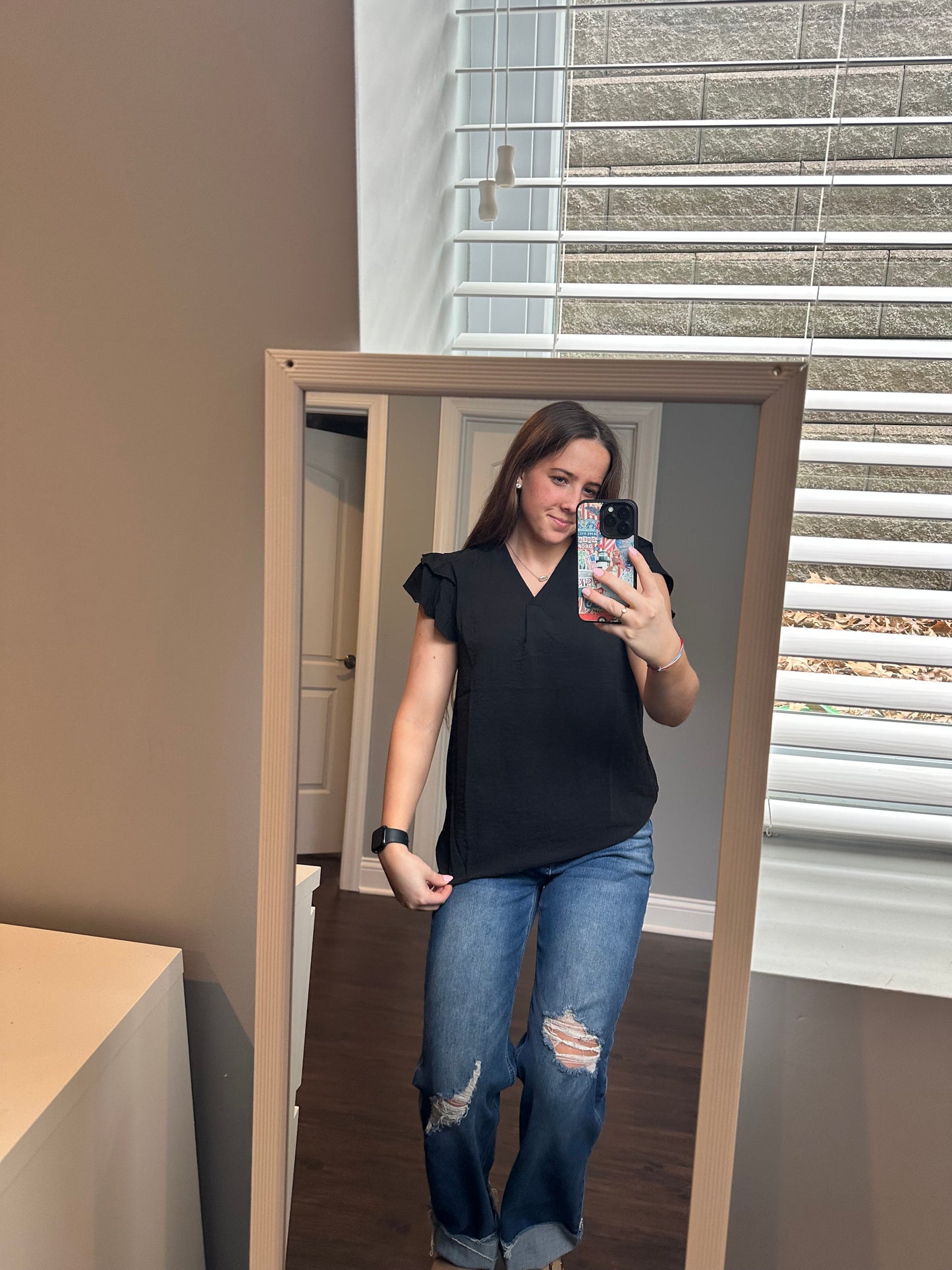 Black V Neck Ruffle Short Sleeve Blouse