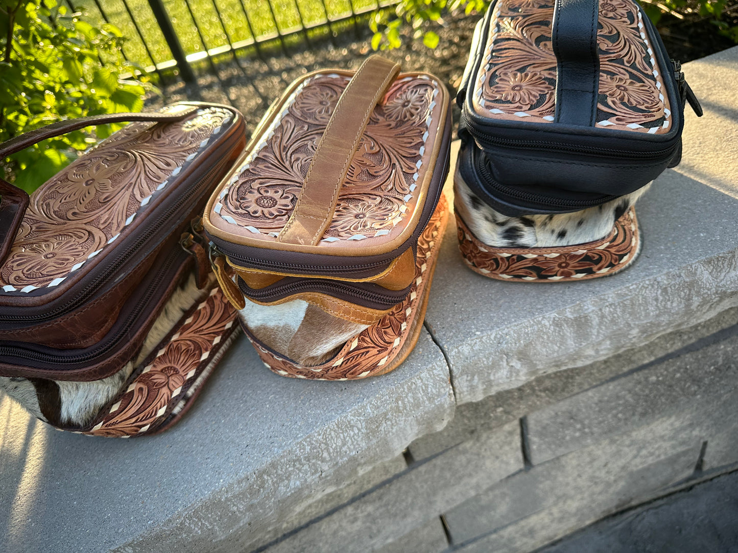 Hand Tooled Leather Cosmetic Make up Bag Women Travel Portable Pouch - Luxury Toiletry Bag