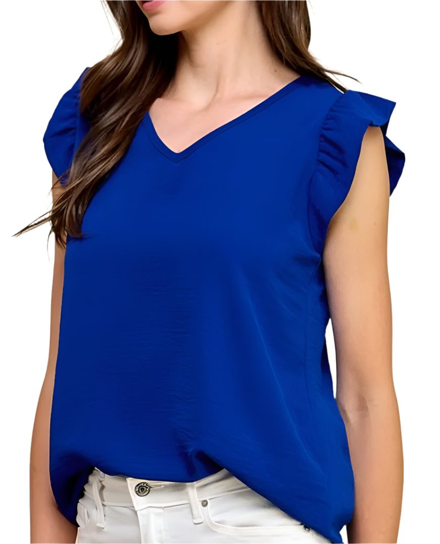 Royal Blue Ruffled V Neck Top