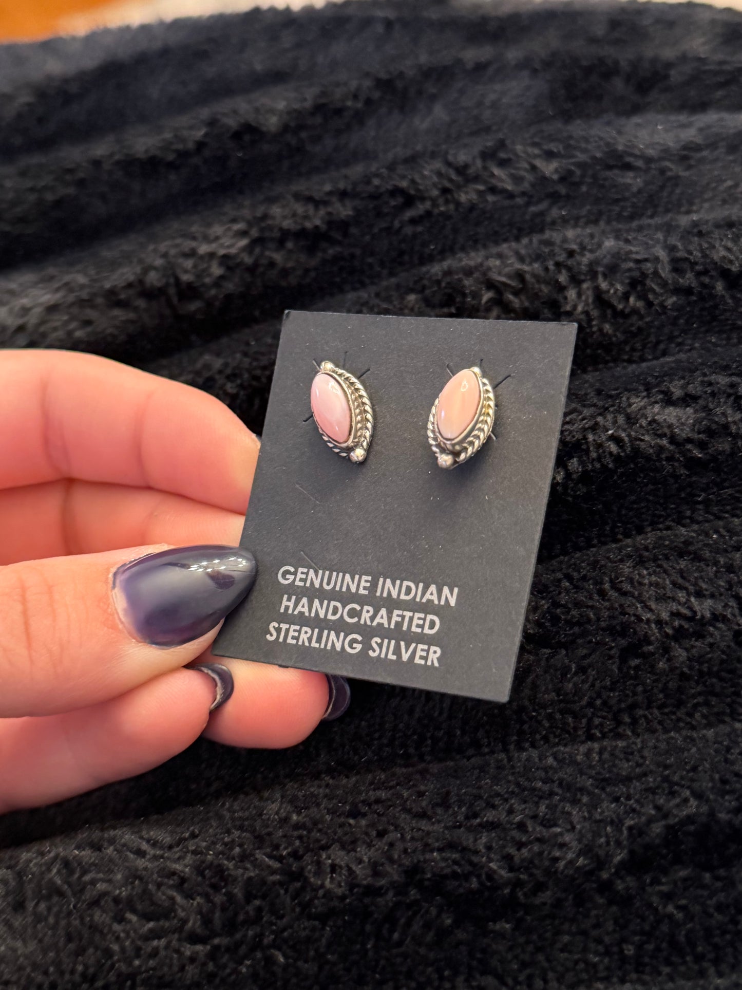 Navajo Handmade Pink Conch Earrings - Esther White
