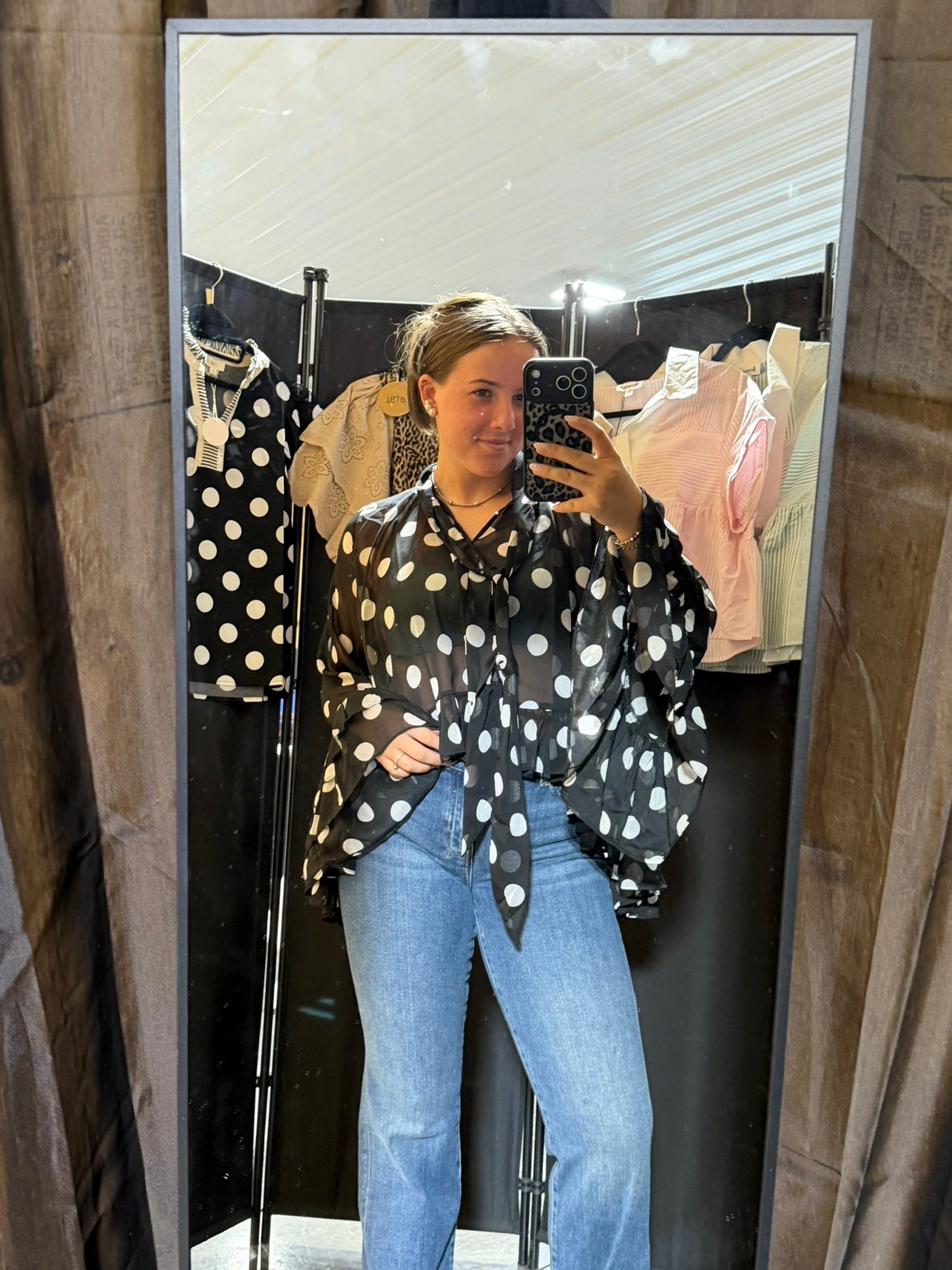 Polka Dot Sheer Chiffon Ruffle Blouse