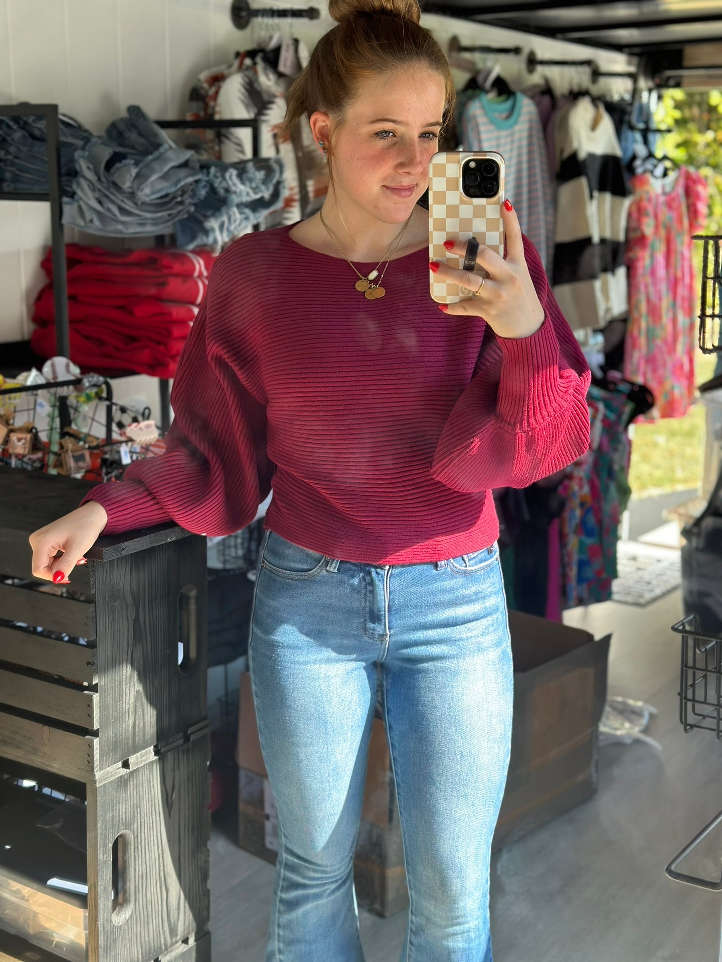 Boat neck balloon sleeve sweater *3 COLORS